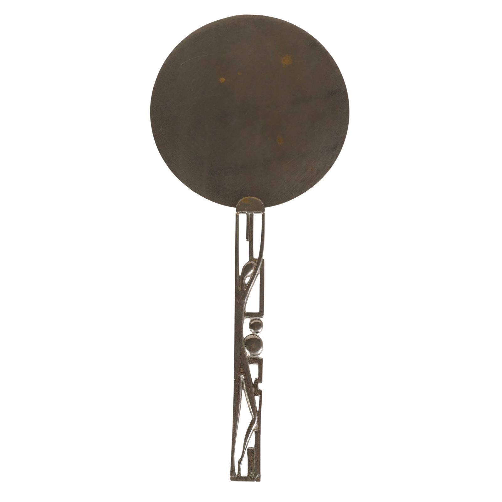 Karl Hagenauer Austrian Art Deco Handheld Mirror: Karl Hagenauer silvered brass 1920's Art Deco hand mirror with a sculptural geometric openwork handle. The handle bears the maker's mark, with "Made in Austria" and the impressed "WHW" mark within a