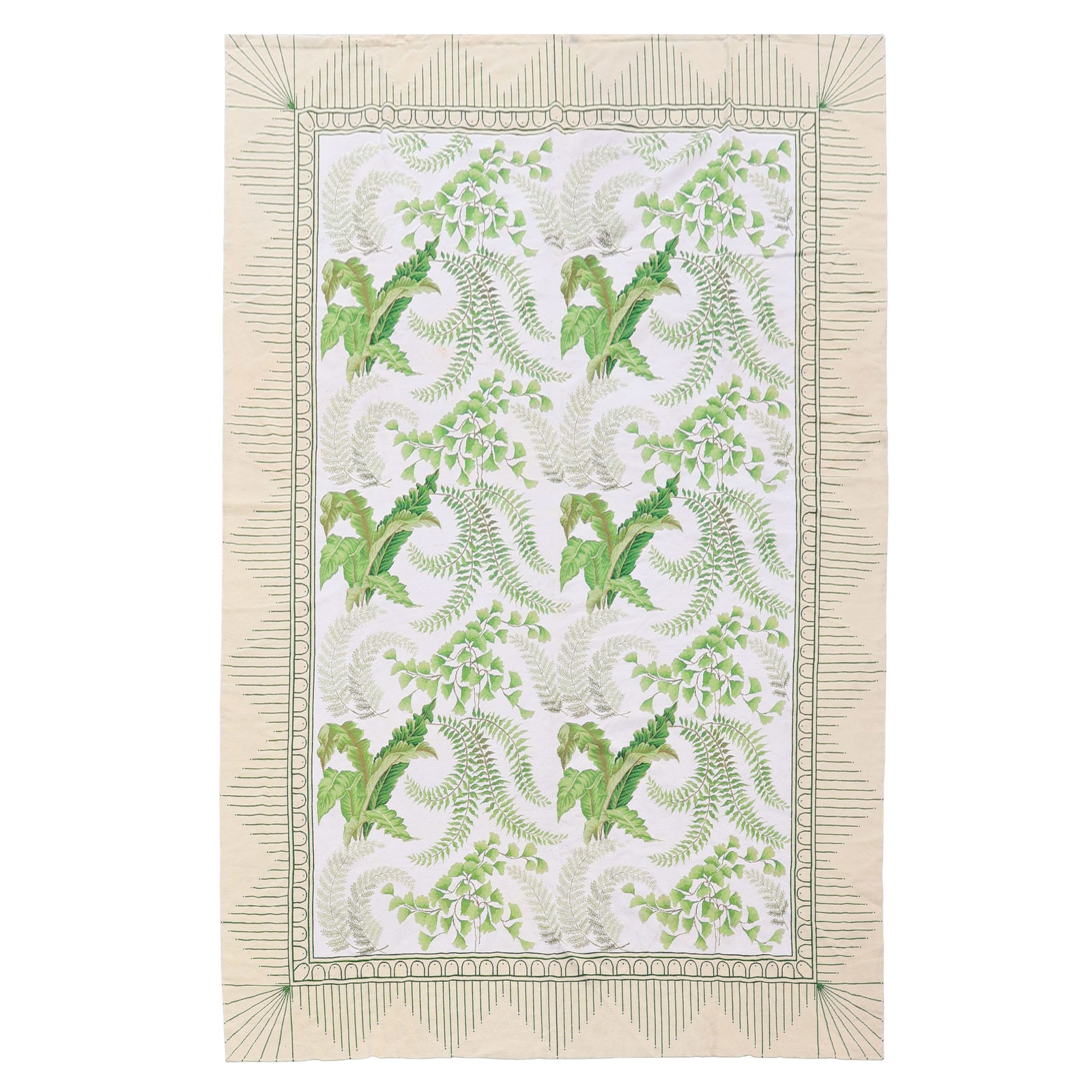 Palm Beach Regency Aubusson Leaf Tapestry Rug 163": Large-area tapestry needlepoint carpet rug executed in a Palm Beach Regency style, featuring an elegant repeating fern motif rendered in varied green tones against a warm neutral ground. The compositi