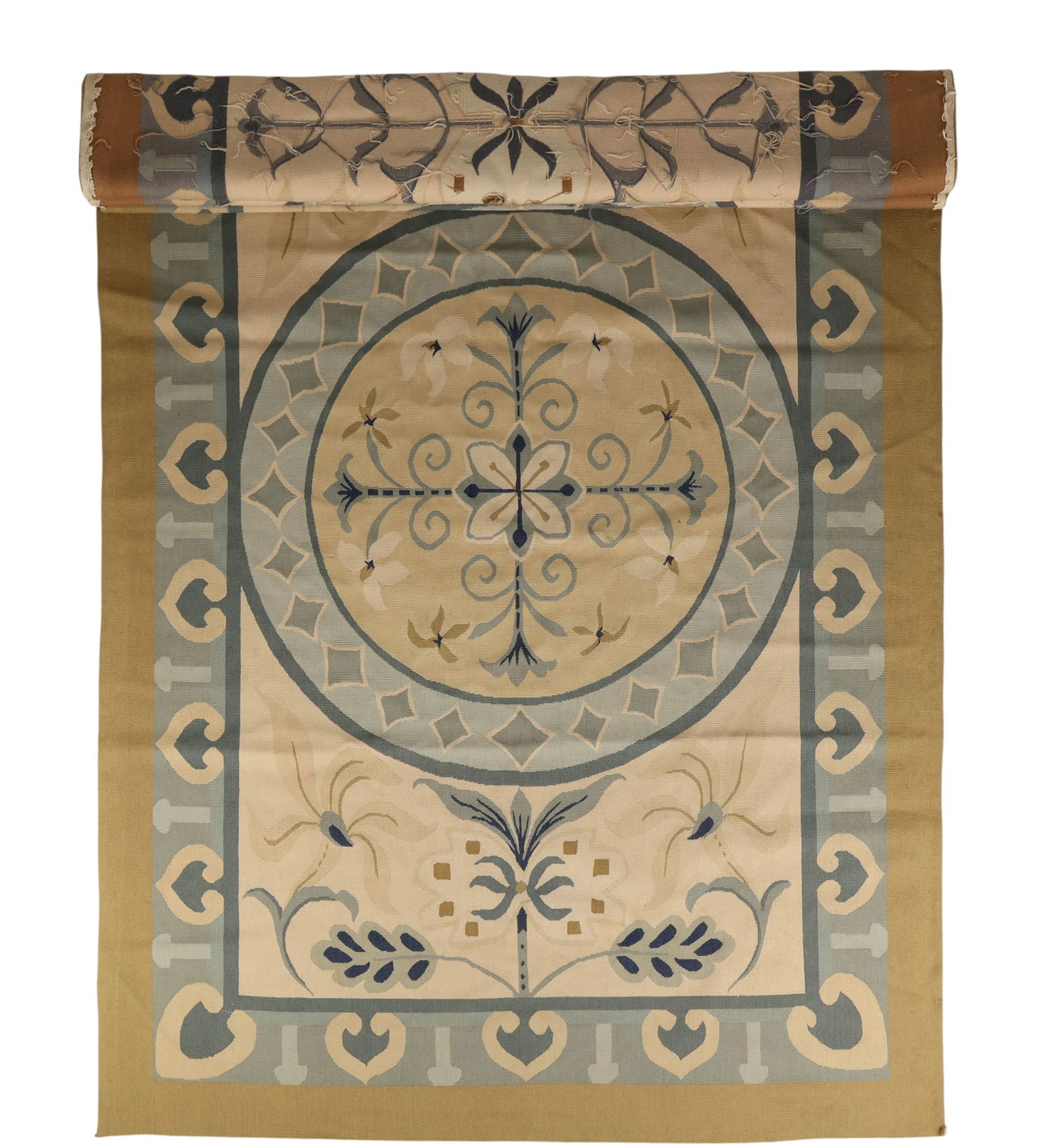 French Aubusson Flat Weave Tapestry Runner Rug: French handwoven Aubusson style large area runner carpet featuring a repeating medallion and foliate pattern within a geometric border. The design is rendered in a palette of beige, blue, and gray ton