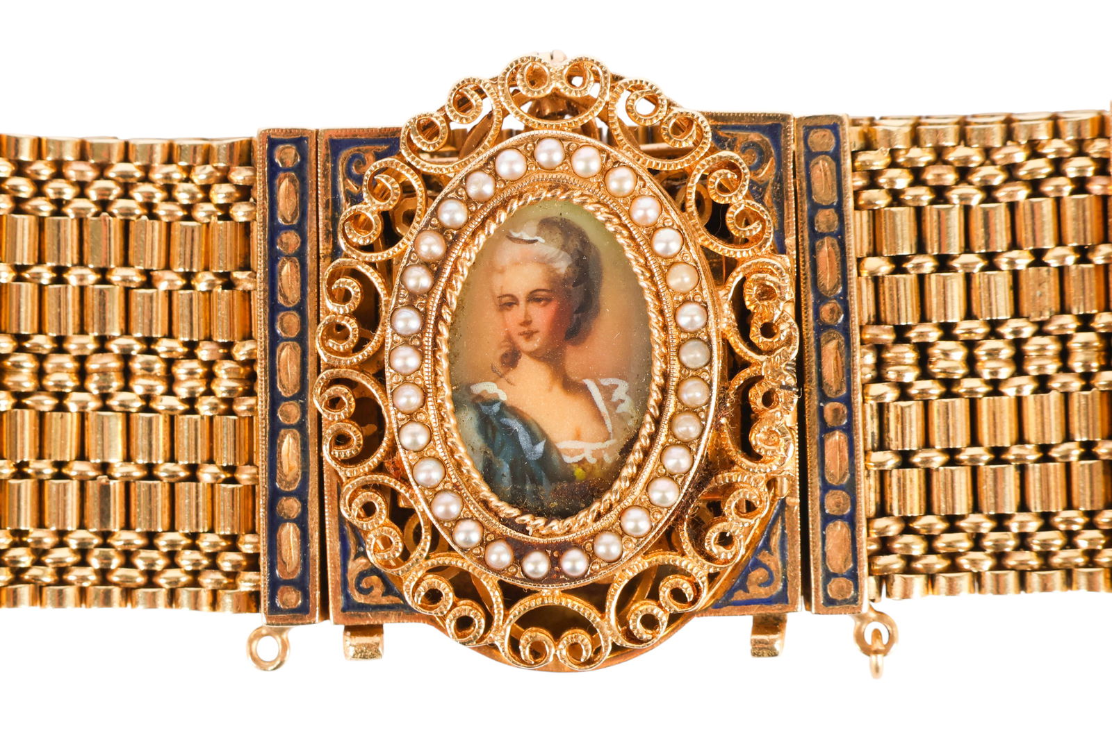 14K Gold Miniature Portrait Enamel Bracelet Watch: Antique 14k yellow gold watch bracelet, featuring a wide woven mesh bracelet with fringe terminals and an ornate rectangular watch frame fitted with a hinged spring-loaded oval cover displaying a mini