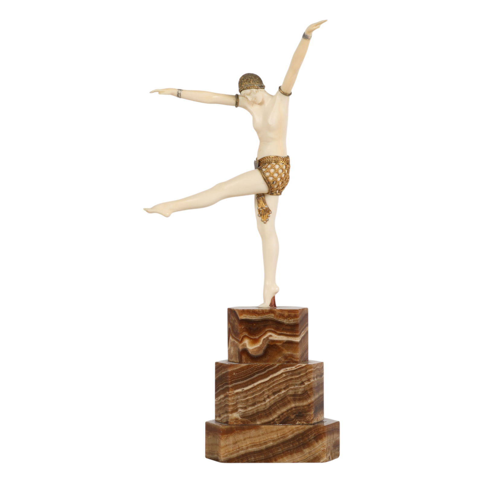 Demetre Chiparus 1886-1947 Bronze Olynthus Dancer: Demetre Chiparus (Romanian, 1886-1947), Dancer of Olynthus, circa 1920s. Art Deco chryselephantine figural sculpture incorporating carved organic elements with gilt bronze and silvered components, dep