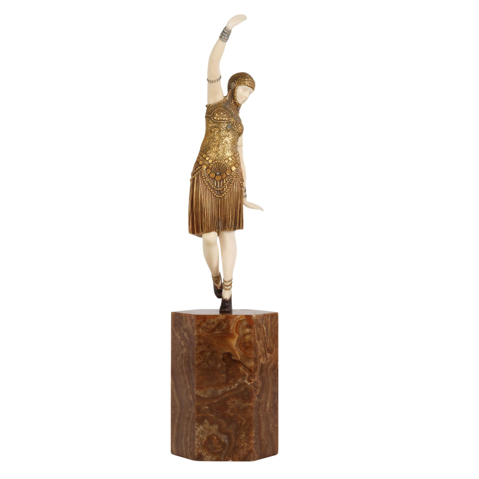 Demetre Chiparus 1886-1947 Bronze Lebanon Dancer: Demetre Chiparus (Romanian, 1886-1947), Dancer of Lebanon - Stands on One Foot with One Arm Up, circa 1920s. Art Deco chryselephantine figural sculpture executed in gilt bronze and carved organic comp