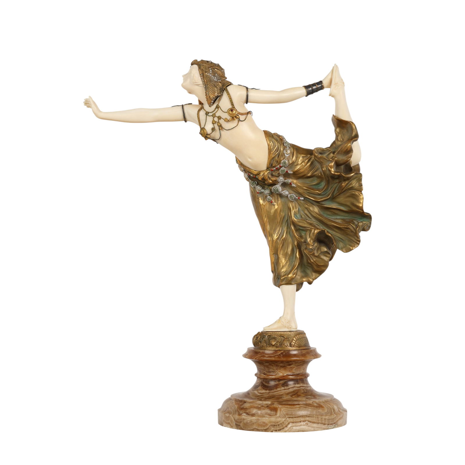 Claire Colinet 1885-1950 Egyptian Dancer Sculpture: Claire Jeanne Roberte Colinet (Belgian-French, 1885-1950), Egyptian Dancer, circa 1920s. An exceptional Art Deco chryselephantine figural sculpture finely executed in gilt bronze and carved organic ma