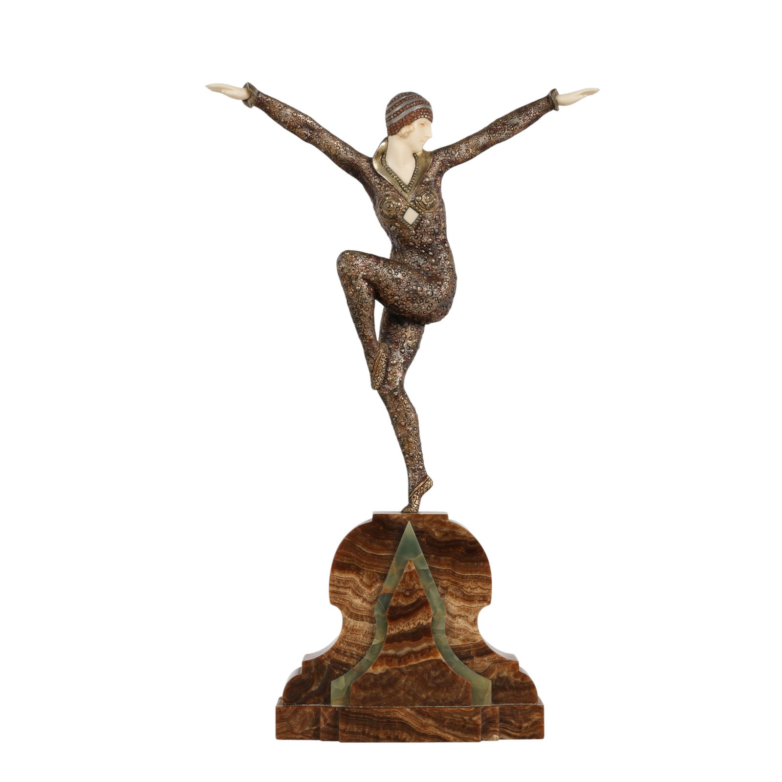 Demetre Chiparus 1886-1947 Kapurthala Dancer: Demetre Chiparus (Romanian, 1886-1947), Dancer of Kapurthala, circa 1920s. A striking Art Deco chryselephantine figural sculpture masterfully executed in gilt bronze with silvered accents and carved o