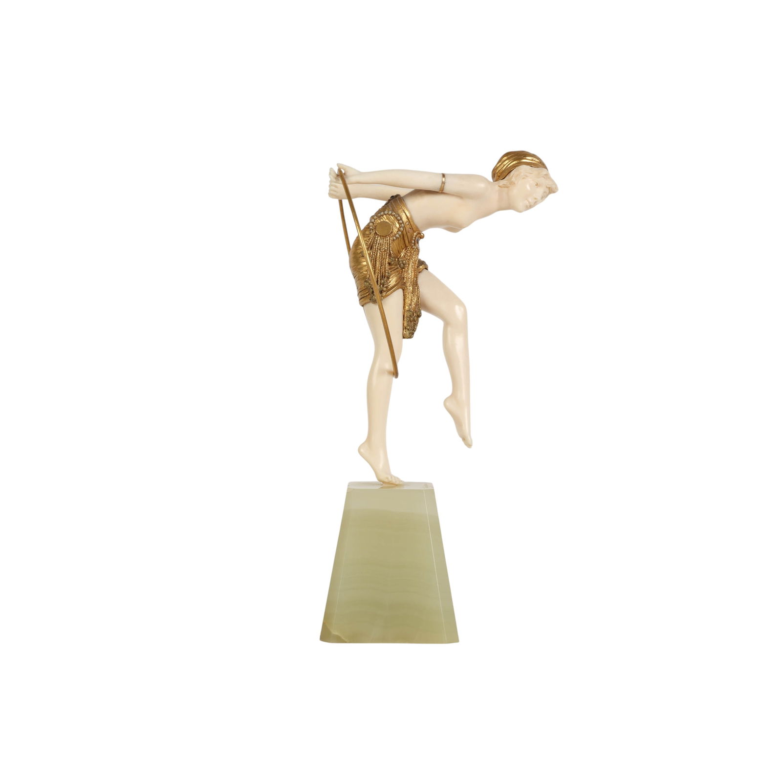 Demetre Chiparus 1886-1947 Bronze Lady with a Hoop: Demetre Chiparus (Romanian, 1886-1947), Lady with a Hoop, circa 1920s. Art Deco chryselephantine figural sculpture executed in gilt bronze and carved organic materials, depicting a female dancer balan