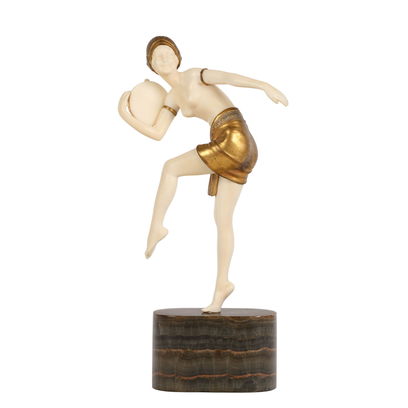 Demetre Chiparus 1886-1947 Nude with Tambourine: Demetre Chiparus (Romanian, 1886-1947), Nude Dancer with Tambourine, circa 1920s. Art Deco chryselephantine figural sculpture executed in gilt bronze and carved organic materials, depicting a nude fem