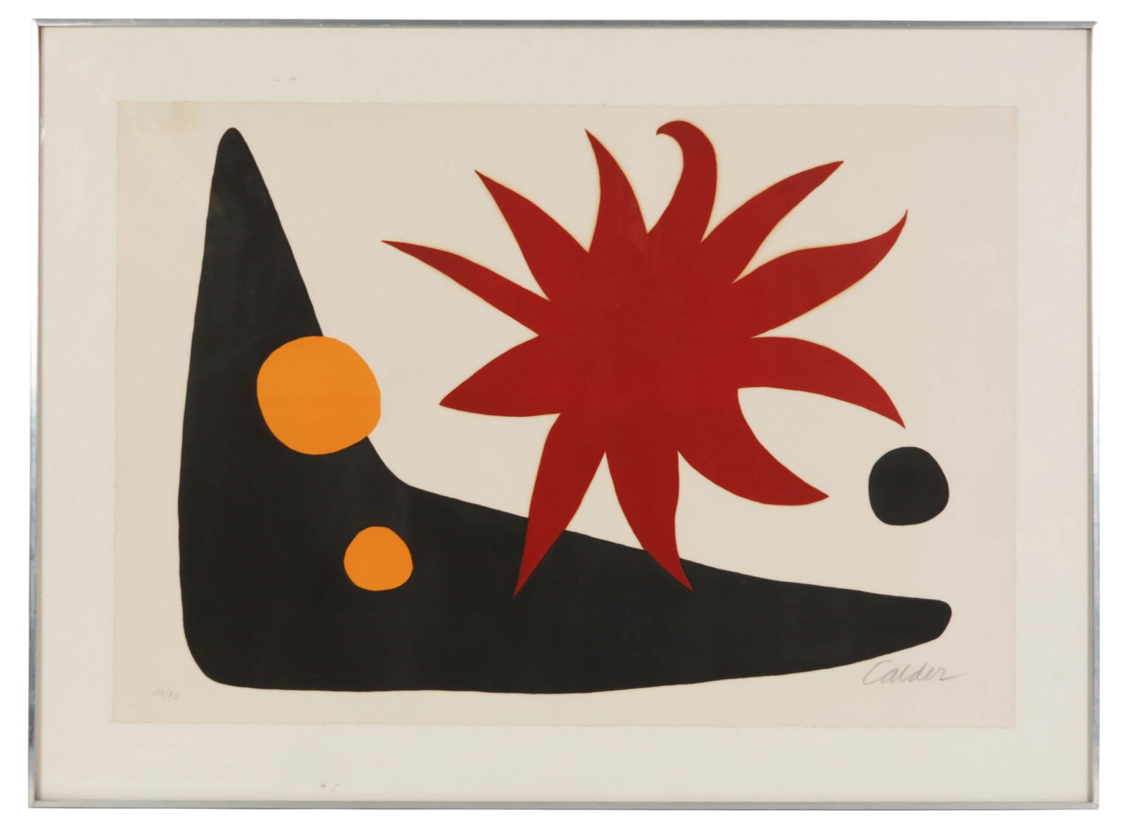 Alexander Calder 1898-1976 Soleil Rouge Lithograph: Alexander Calder (American, 1898-1976), Soleil Rouge (The Red Sun), limited edition colored lithograph on deckled edge paper. The abstract composition features a red sunburst form balanced against bla