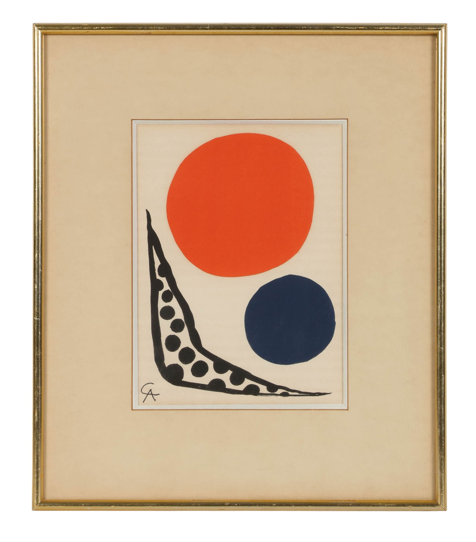 Alexander Calder 1898-1976 Composition Lithograph: Alexander Calder (American, 1898-1976), Composition color book plate lithograph. Features a red and blue circular form balanced against a black biomorphic shape with dotted interior. Plate signed with