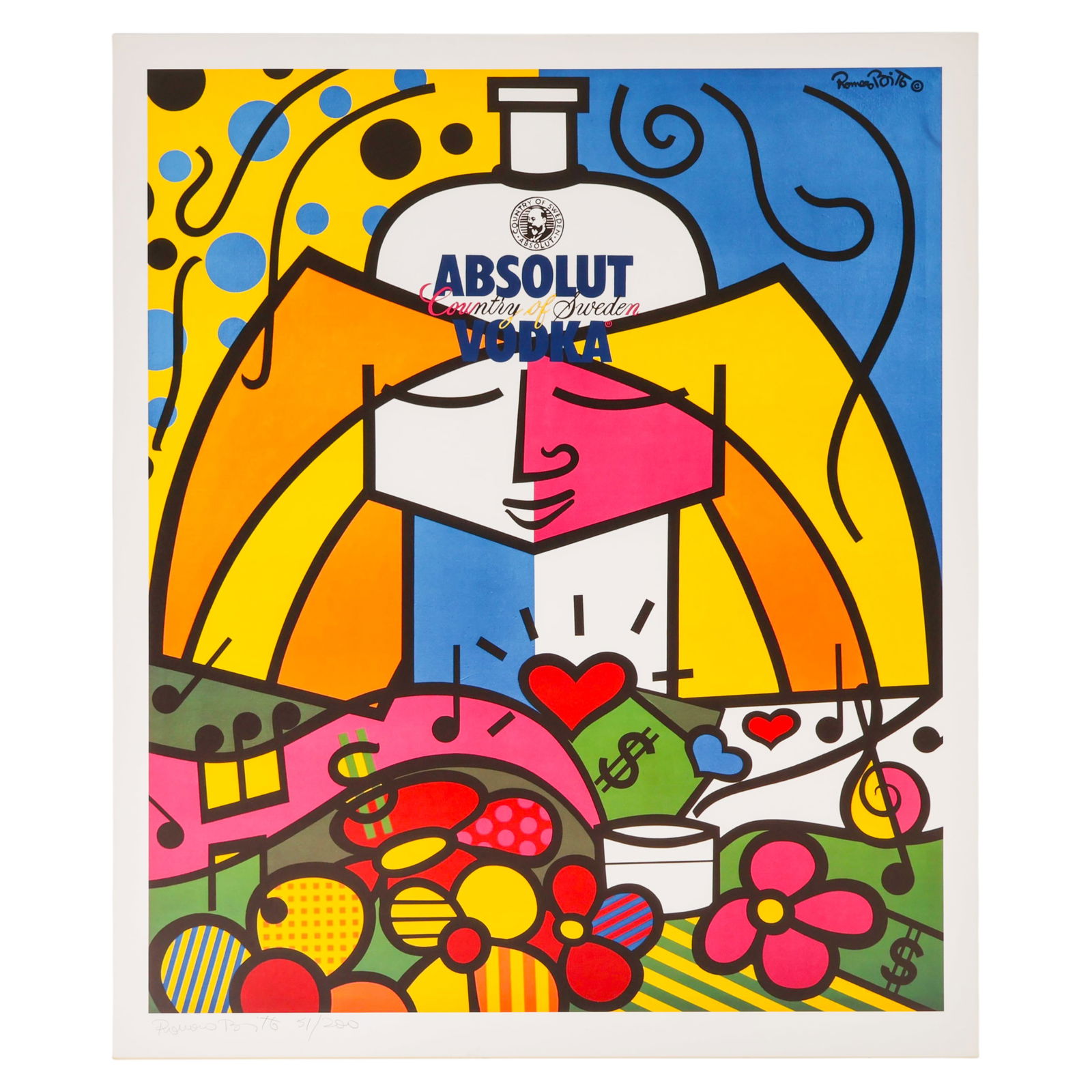 Britto b.1963 Absolut Vodka Campaign Litho SIGNED: Romero Britto (Brazilian, born 1963), limited edition lithograph advertisement for Absolut Vodka, featuring a stylized bottle integrated into a Pop Art composition with a face, flowers, music notes, h