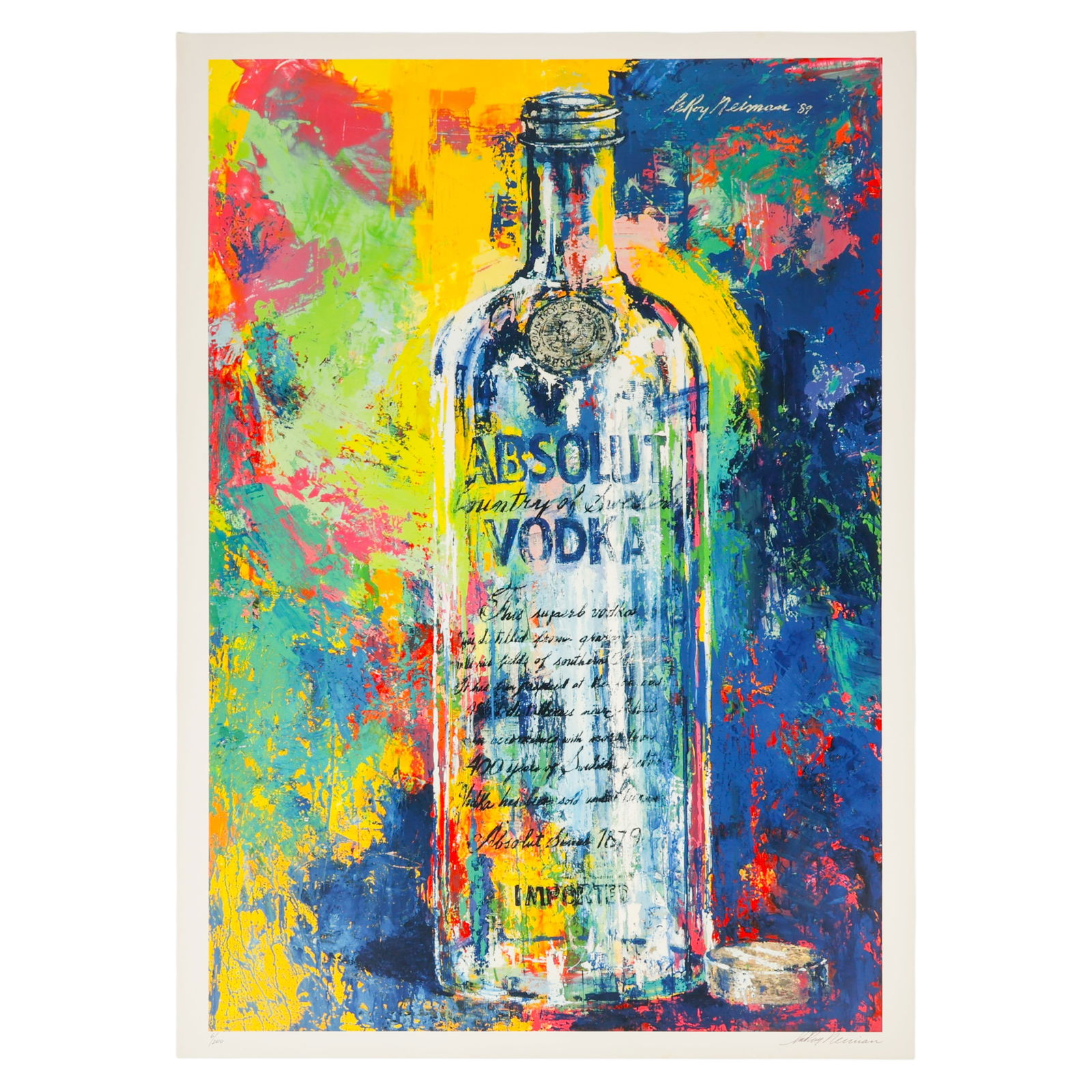 LeRoy Neiman 1921-2012 Absolut Vodka Litho SIGNED: Leroy Neiman (American, 1921-2012), limited edition color lithograph on paper created for the Absolut Vodka advertising campaign, featuring a painterly depiction of an Absolut Vodka bottle. Signed low