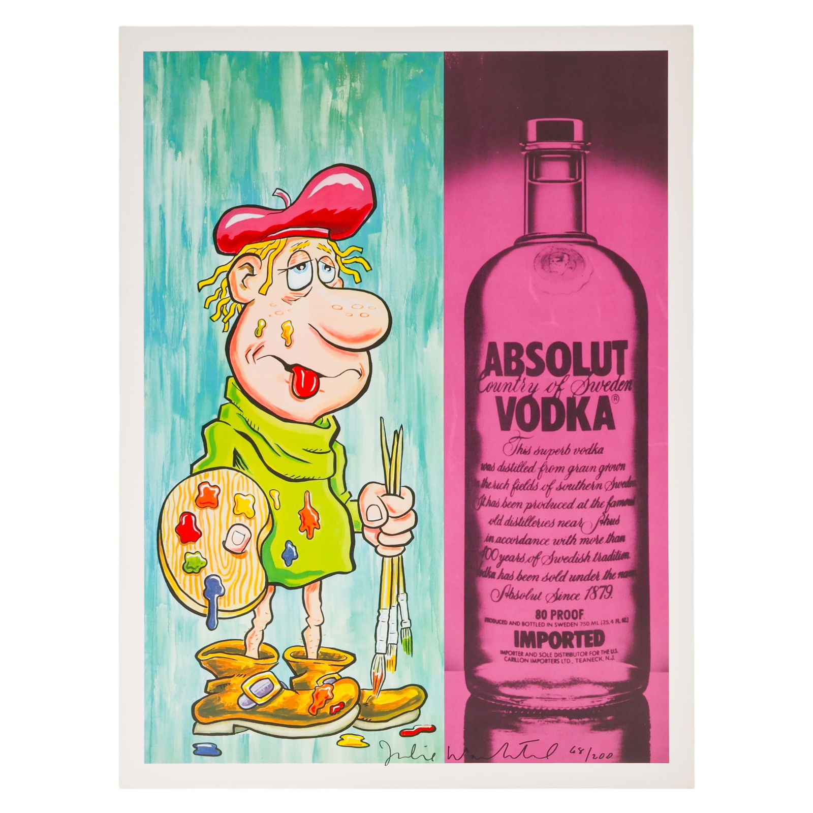 Julia Wachtel b.1956 Absolut Vodka Ad Litho SIGNED: Julia Wachtel (American, born 1956), Absolut Vodka color lithograph print on paper featuring a cartoon painter character positioned beneath a prominent magenta Absolut Vodka bottle. Signed and numbere
