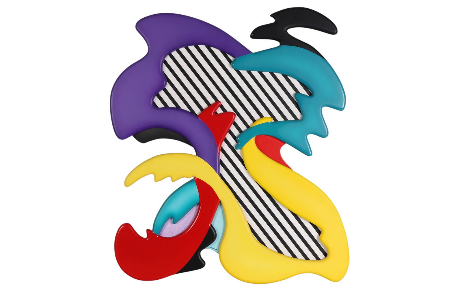 Ray Karpuska b.1952 Post Modernist 41" Sculpture: Raymond Karpuska (American, born 1952), Memphis school pop art post modern wall sculpture painted on wood featuring bold abstract forms in red, yellow, turquoise, and purple surrounding a central fiel
