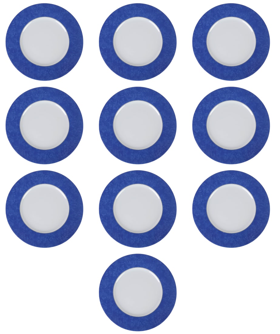 Christofle Oceana Blue Porcelain Charger Plate SET: Christofle 10 piece French porcelain service charger plate set in the Ocean Blue pattern, part of the Micro Gold series. Produced between 1997 and 2001. Each plate features a wide cobalt marbled rim w