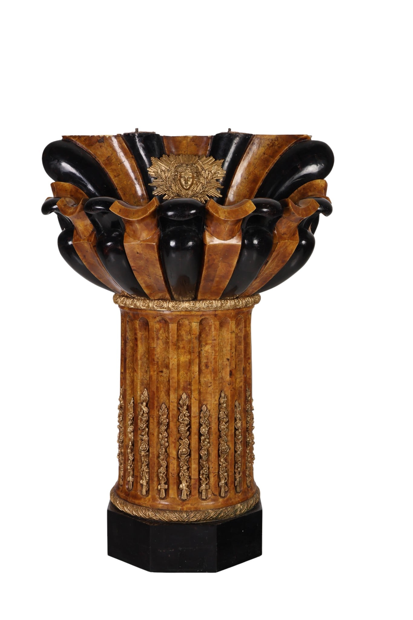 Architectural Salvage Pen Shell 48" Water Font: Architectural Salvage, a grand scale Palm Beach island estate water font composed of alternating sections of polished black lacquer and natural pen shell veneer. The dramatic basin form is elevated on