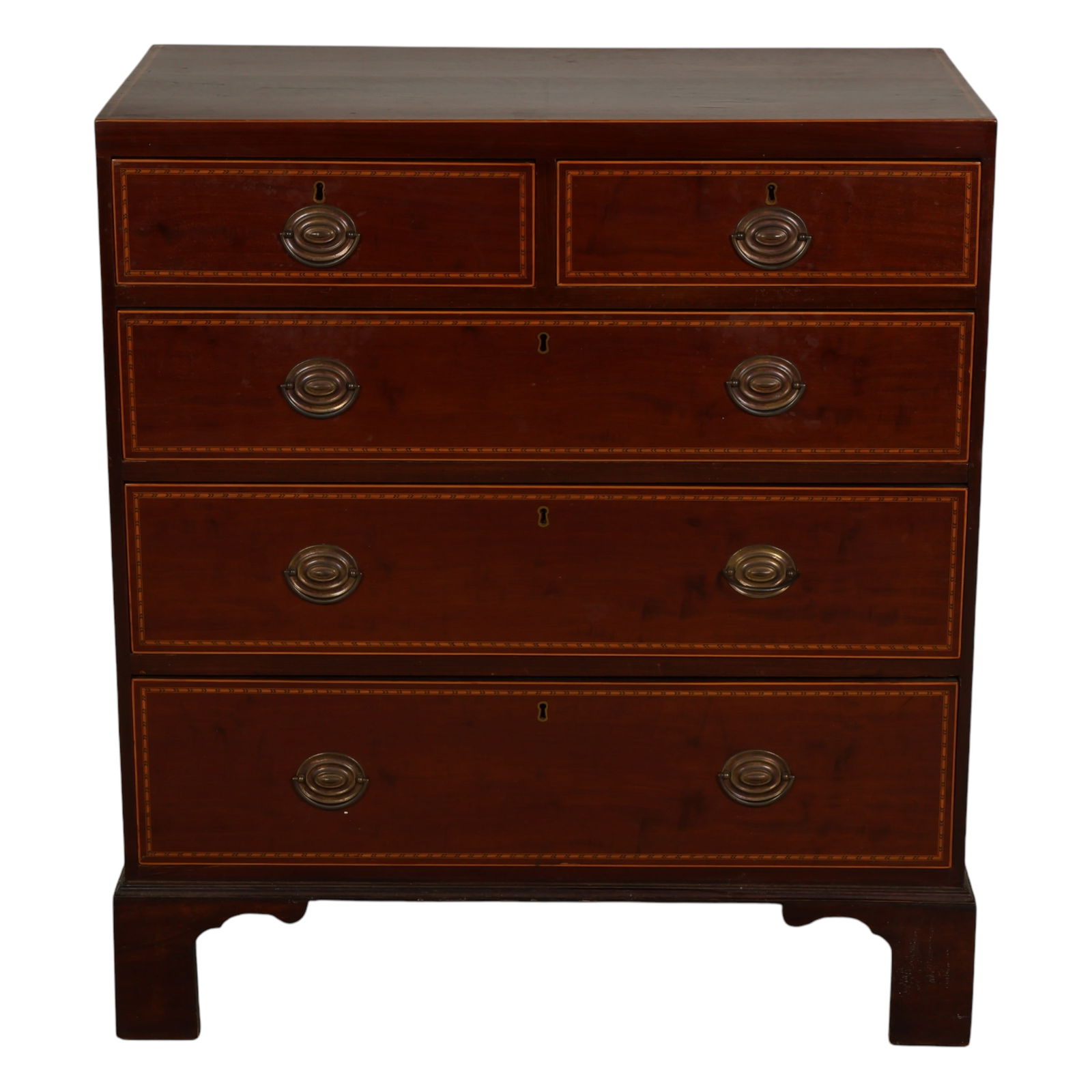 Early 19C Inlaid Mahogany Five Drawer Dresser: Antique inlaid mahogany five-drawer dresser featuring two short drawers over three graduated drawers below. The case is constructed of mahogany with inlaid stringing and fitted with metal bail pulls.