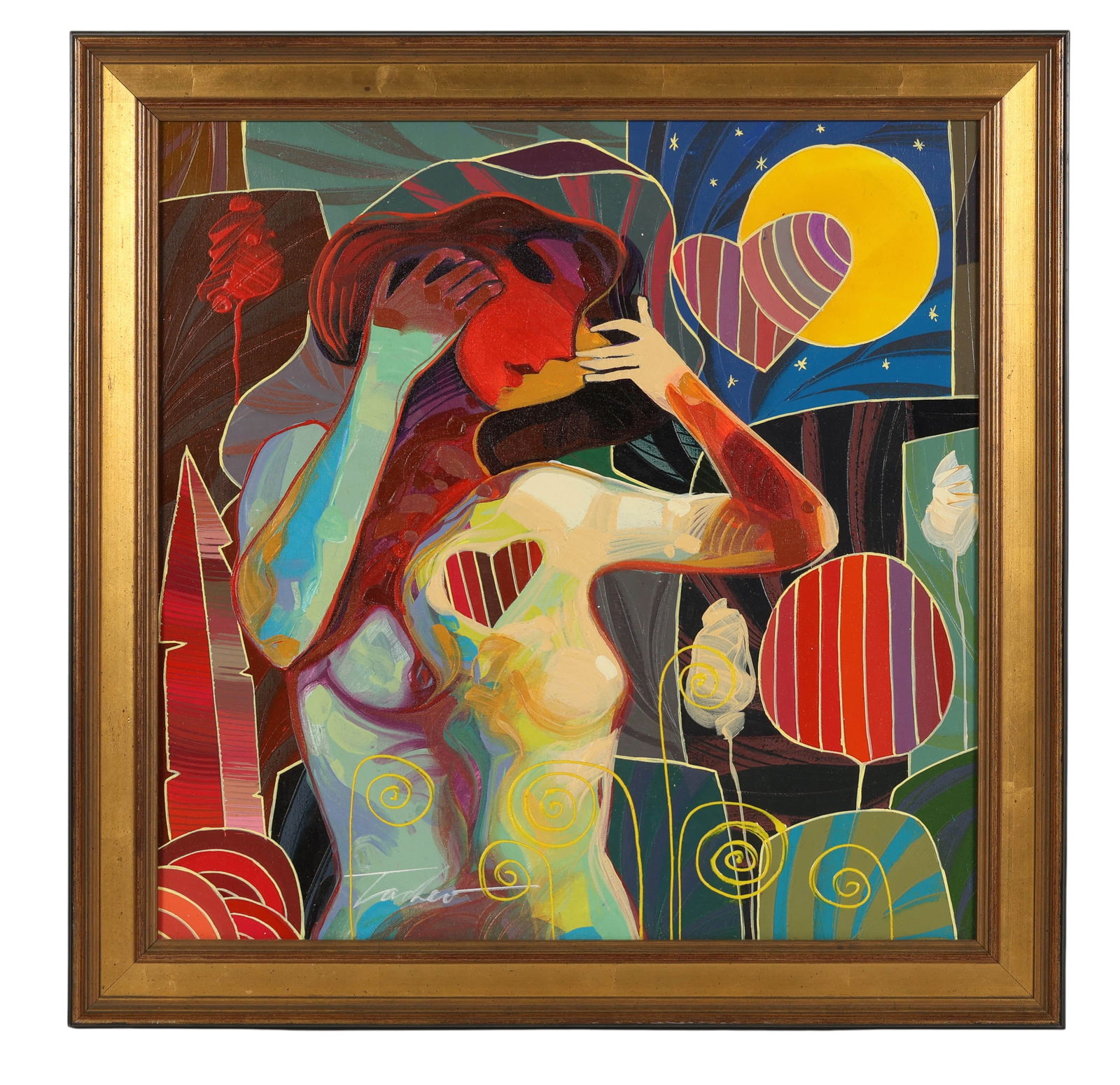Tadeo Zavaleta b1977 Abstract Clear Night Painting: Tadeo Zavaleta (Peru, born 1977), Noche Diafana, oil on canvas featuring abstracted nude female figure rendered in bold colors, stylized floral elements, and a moonlit night sky. Signed "Zavaleta" low