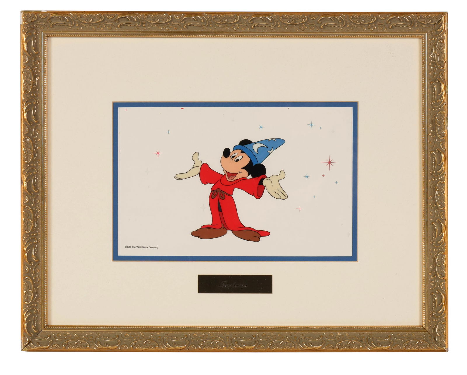 Disney Fantasia Mickey Mouse Sorcerer Sericel: Walt Disney Studios, Fantasia Mickey Mouse production sericel, late 20th century, depicting Mickey Mouse in his iconic role as the Sorcerers Apprentice. Set against a star-filled background, the image