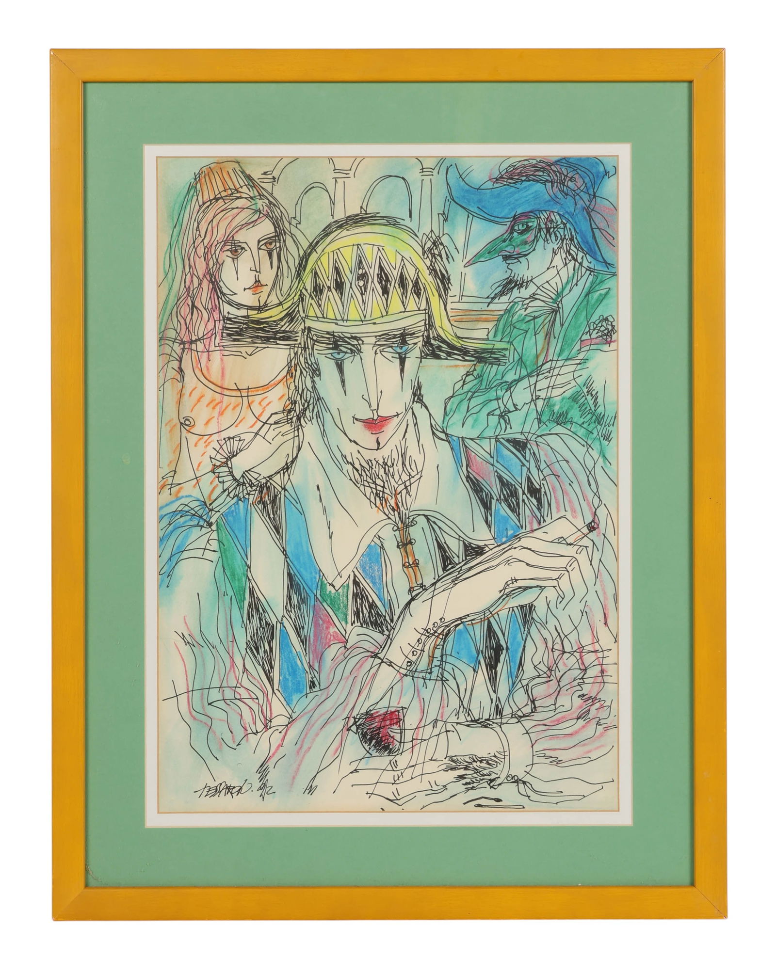 German Tessarolo b. 1945 Abstract Figural Aquatint: German Tessarolo (Italian/Argentinian, born 1945), Fumando Espero (I Wait, Smoking), color aquatint on paper, depicting a stylized composition with three figures rendered in linear and colored