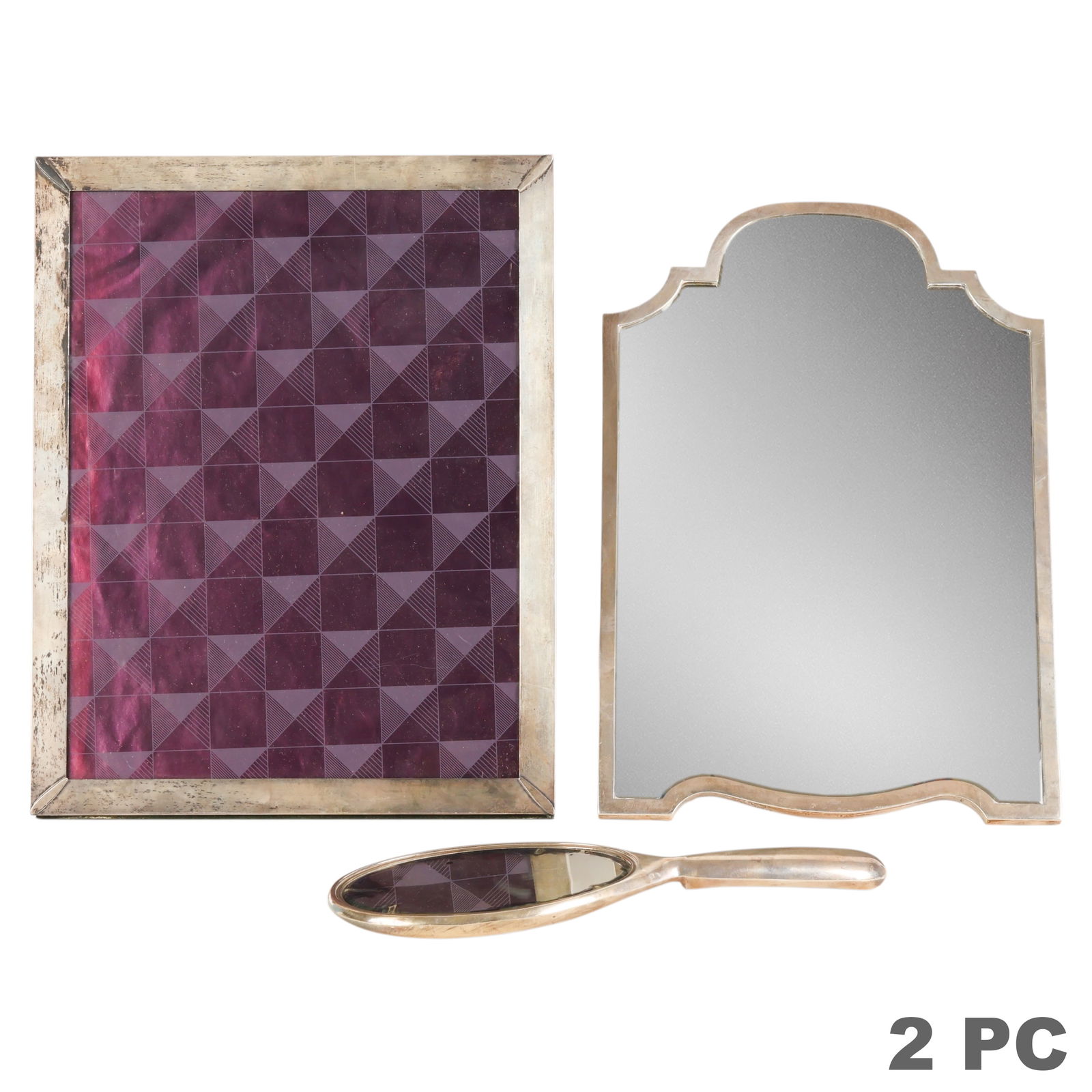 Antique Sterling Picture Frame and Two Mirrors LOT: Three antique sterling silver items, including a large picture frame marked Sterling, designed for a 12" x 9.5" photograph; a hand mirror engraved Happy Mothers Day, Grandma Phyllis. Love, Ned, Will,
