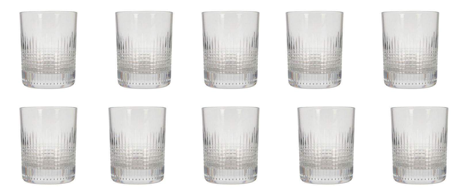 Baccarat French Crystal Nancy Flat Tumbler 12p SET: Baccarat France clear crystal barware art glass tumblers, set of twelve, modeled in the classic Nancy pattern introduced in 1908. Each tumbler features vertical fluted cuts above and below a central b