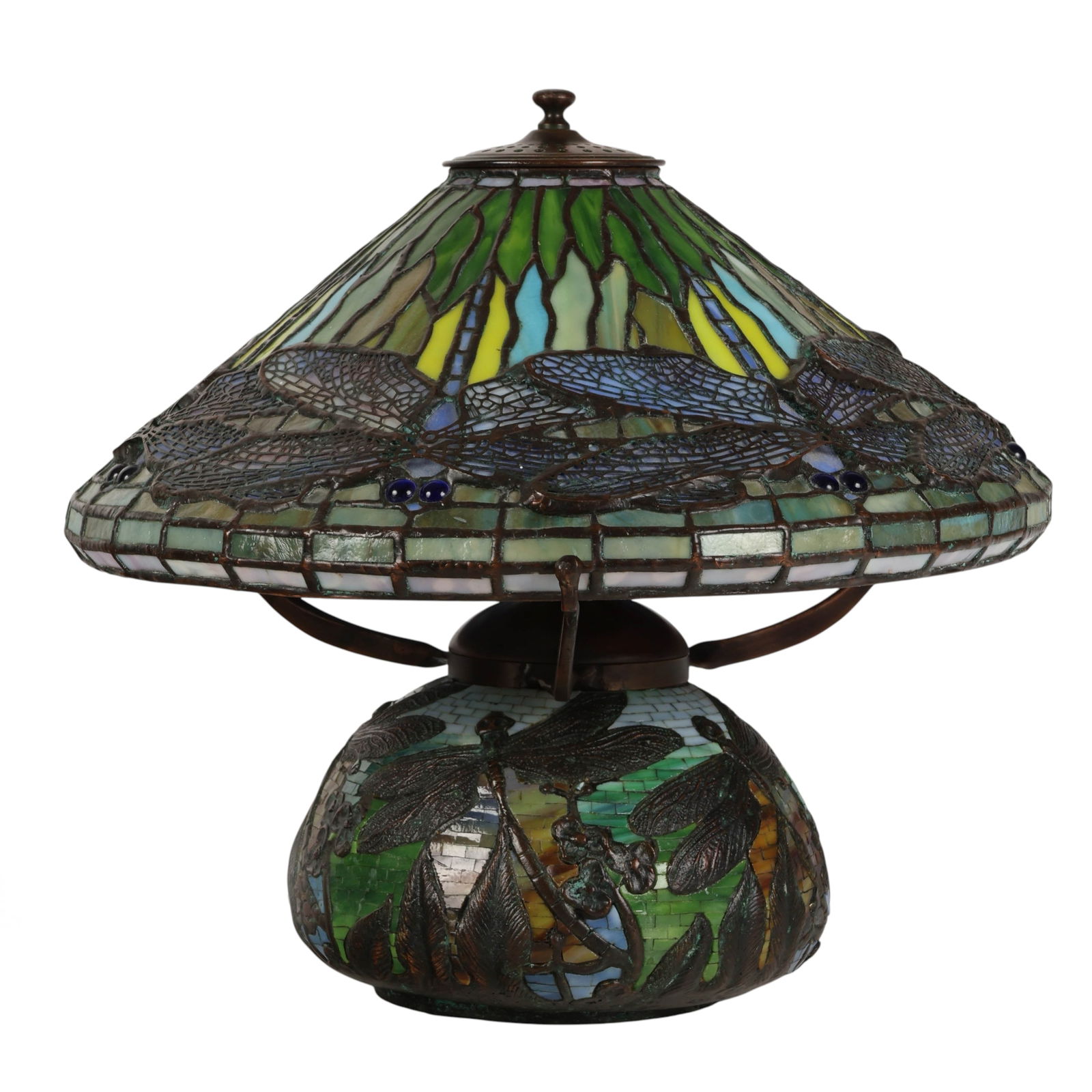 Leaded Glass Shade Dragonfly Tiffany Style Lamp: Tiffany-style leaded glass table lamp, featuring a domed shade decorated with richly colored dragonflies in green, blue, yellow, and amber glass, accented with jeweled eyes and geometric border panels