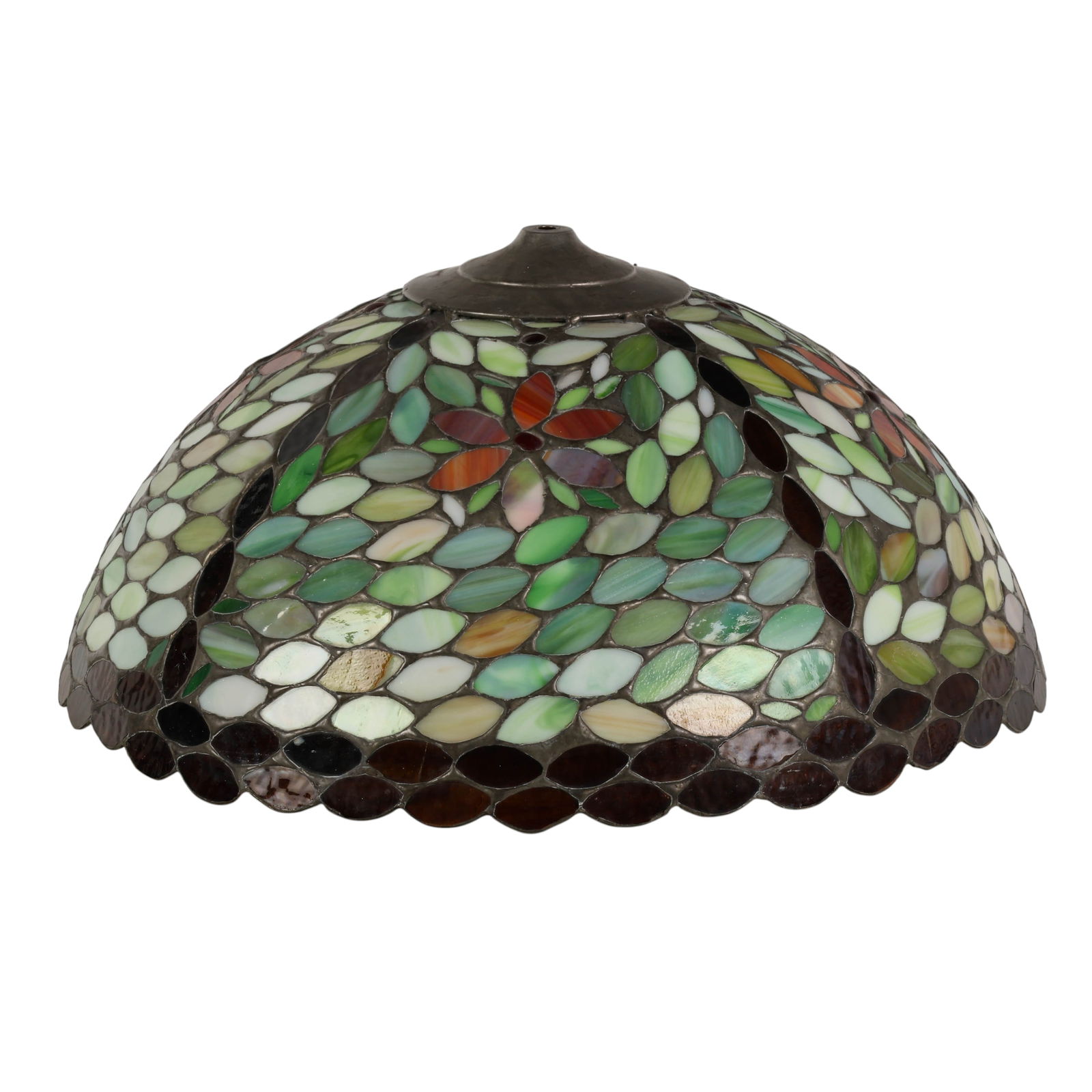 Heart Stained Glass Leaded Glass Shade SIGNED: Heart Stained Glass, New London, Connecticut, 20th century handcrafted domed leaded glass lamp shade composed of oval glass segments arranged in a stylized floral motif. The design features shades of