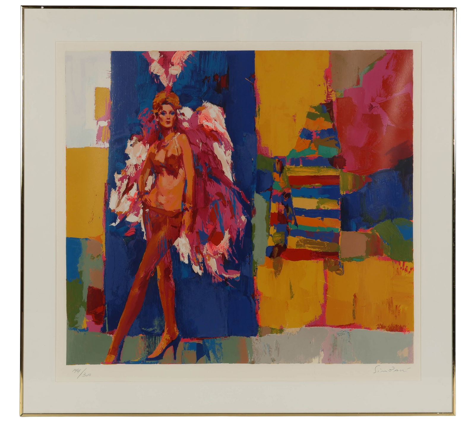 Nicola Simbari 1927-2012 Vera LE Colored Serigraph: Nicola Simbari (Italian, 1927-2012), Vera, color serigraph on paper. The composition features a glamorous showgirl in a vibrant carnival or circus costume, posed confidently before a richly colored an