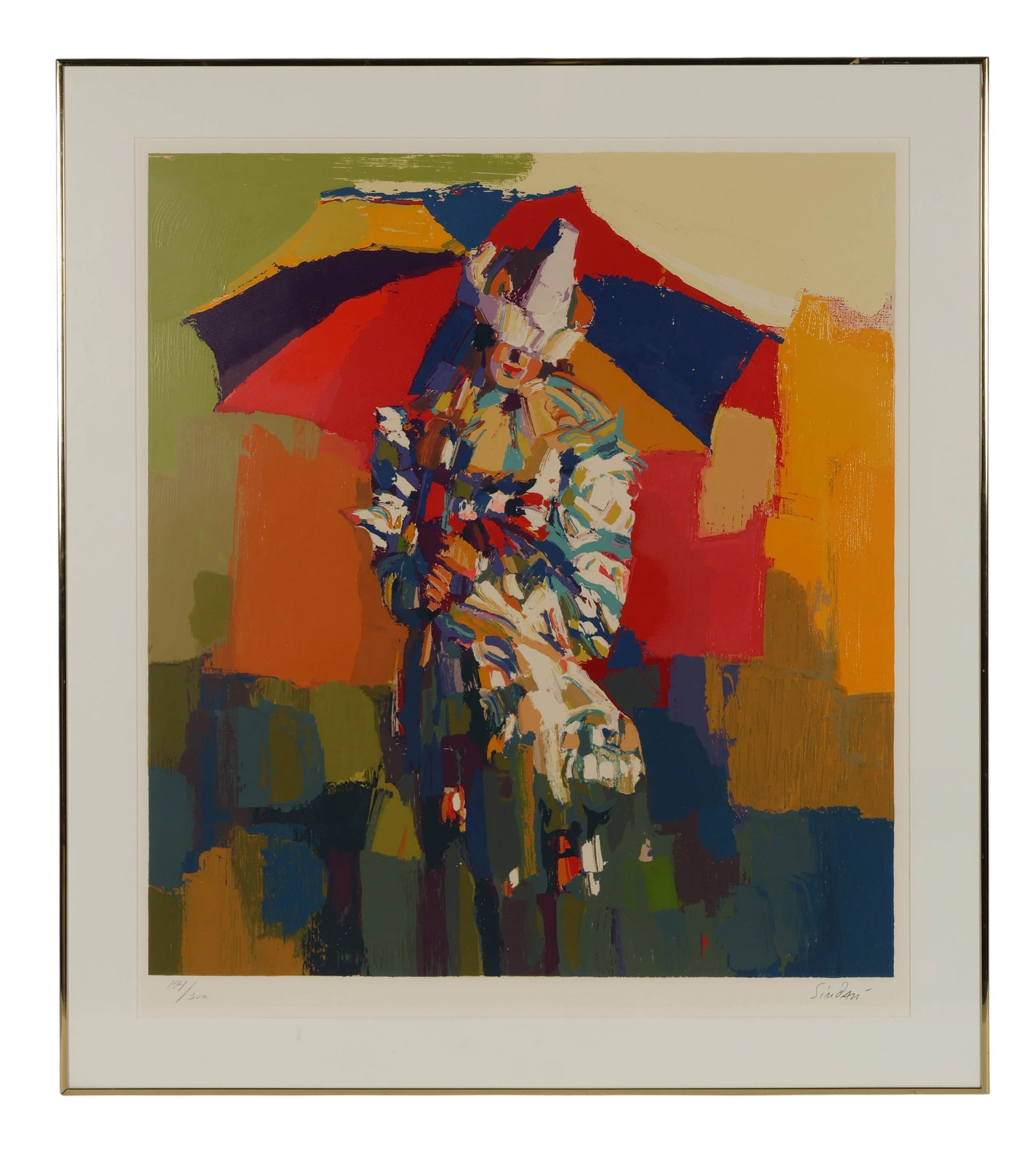 Nicola Simbari 1927-2012 Clown LE Color Serigraph: Nicola Simbari (Italian, 1927-2012), Clown a Lombrelle, color serigraph on paper. This lively composition depicts a standing circus jester or harlequin figure holding an umbrella, set against a bold,