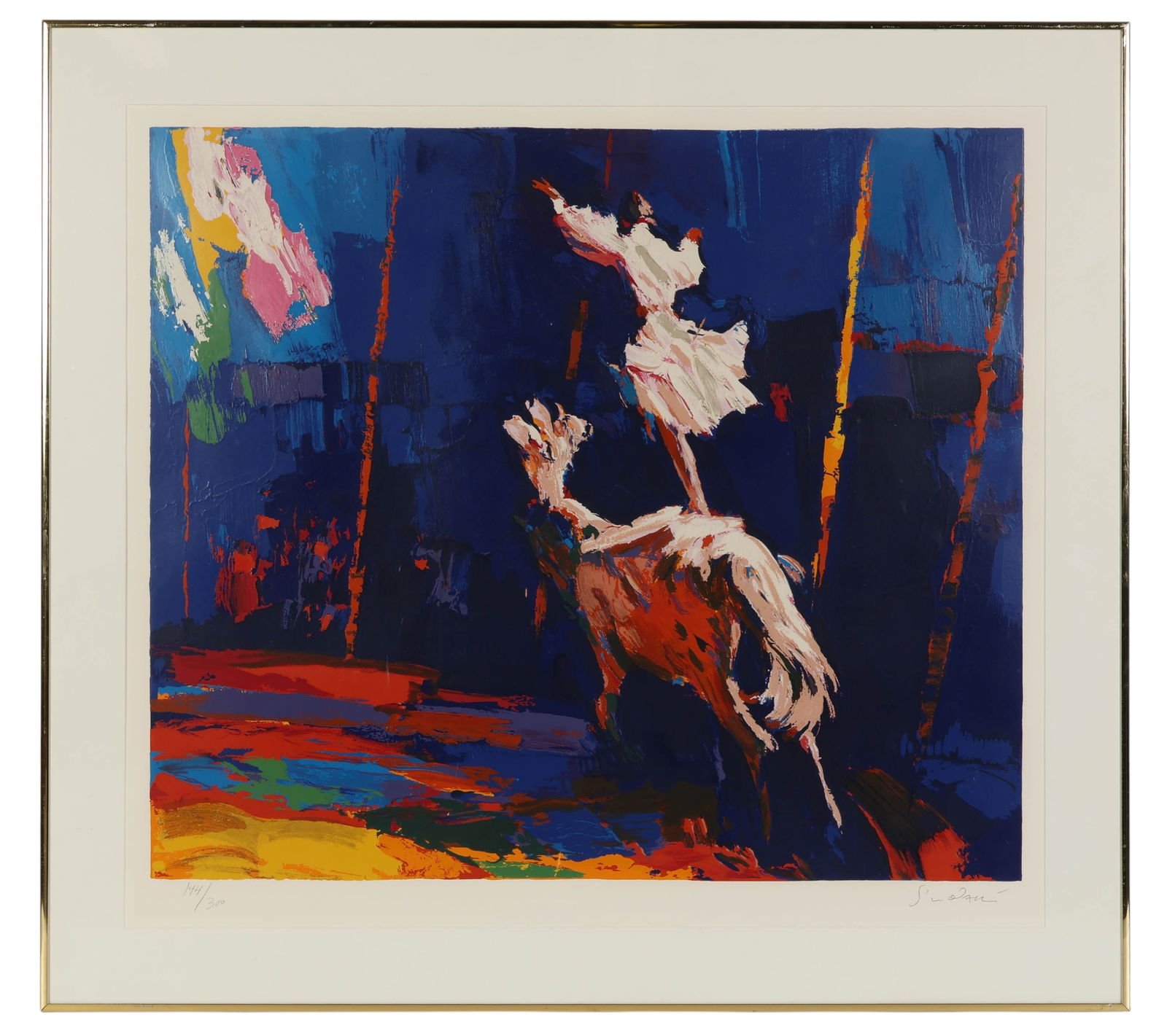 Nicola Simbari 1927-2012 Cheval Blanc LE Serigraph: Nicola Simbari (Italian, 1927-2012), Cheval Blanc, color serigraph on paper. This dynamic composition depicts a lively circus scene featuring a performer riding a white horse, rendered in Simbaris tra