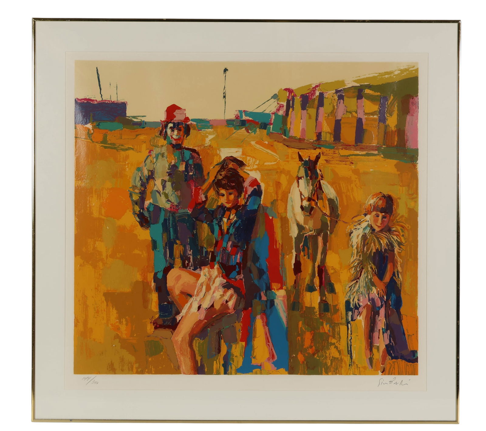 Nicola Simbari 1927-2012 Circus Family Serigraph: Nicola Simbari (Italian, 1927-2012), La Famille du Cirque, color serigraph on paper. The vibrant composition captures a whimsical outdoor circus or carnival setting, with multiple figures and a horse