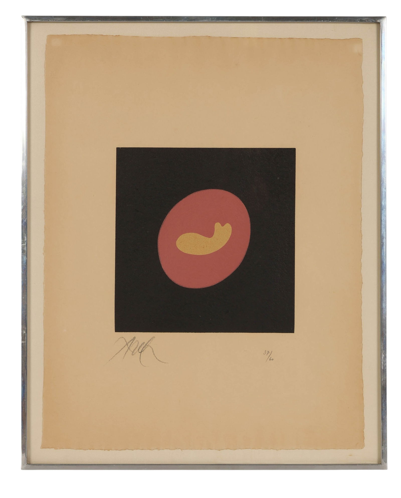 Jean Arp 1886-1966 LE Abstract Colored Lithograph: Jean Hans Arp (French / German, 1886-1966), colored lithograph on deckled edge paper. The abstract geometric color field features a pink circular form with a biomorphic yellow shape set against a blac