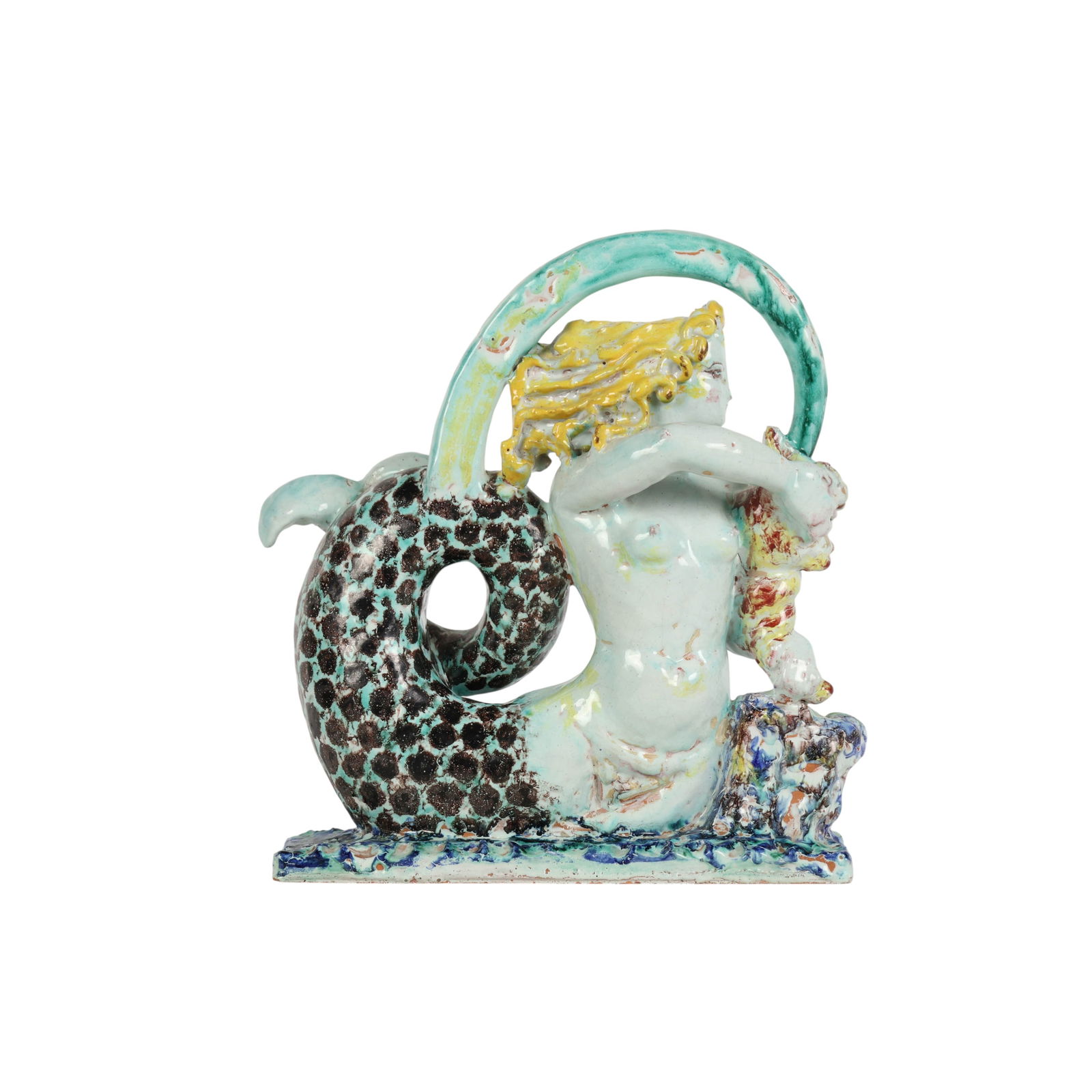 Rene Buthaud 1886-1986 Glazed Terracotta Mermaid: Rene Buthaud (French, 1886-1986), glazed terracotta sculpture, circa 1955. The composition features a stylized female mermaid figure integrated with a ram motif, arranged around a circular arc