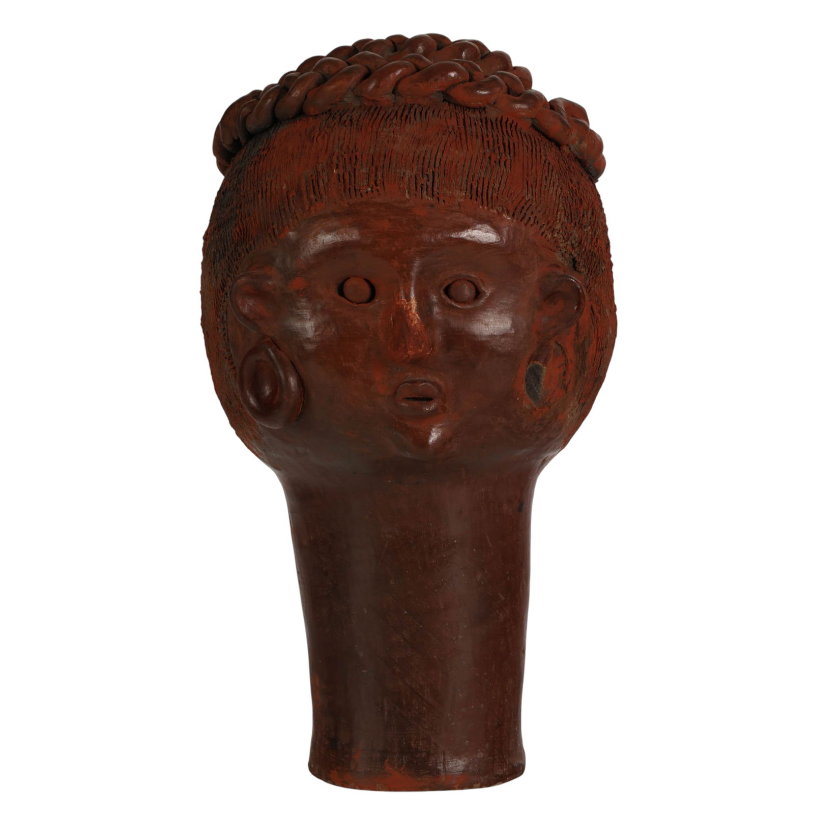 Artisan Terracotta Sculpted Bust with Braided Hair: Hand made terracotta sculpture of a stylized female head with applied braided elements and carved hair texture. The figure features pierced ears with loop earrings and finely incised facial and hair