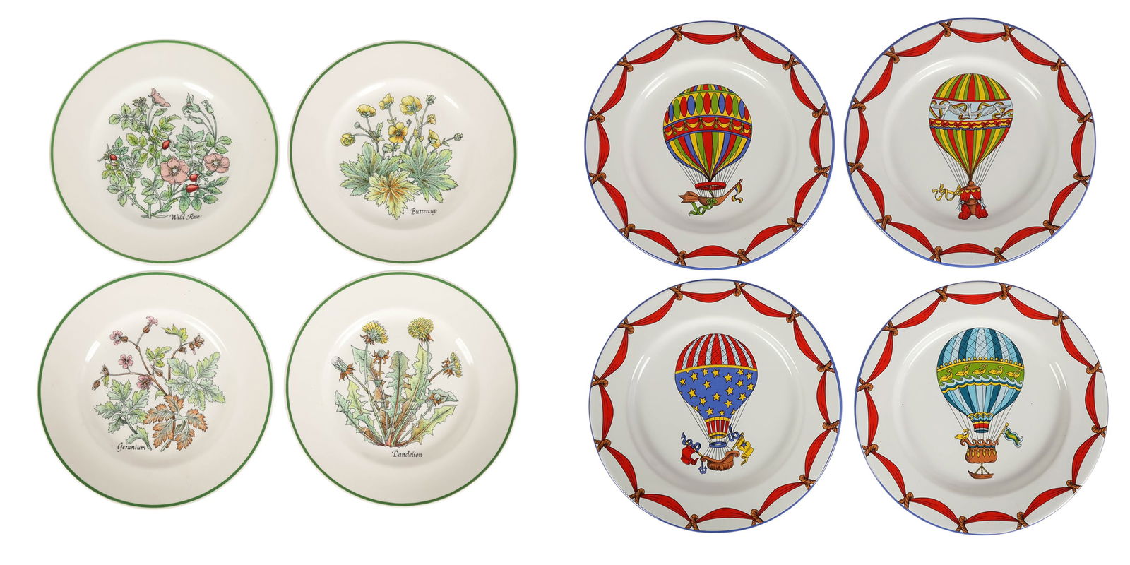 Tiffany & Co Wild Flowers & Air Balloon Plates 8pc: Tiffany & Company porcelain plates, total of eight. Four modeled in the Wild Flowers pattern, each centered with a floral motif - Buttercup, Dandelion, Geranium and Wild Rose. Four decorated in the