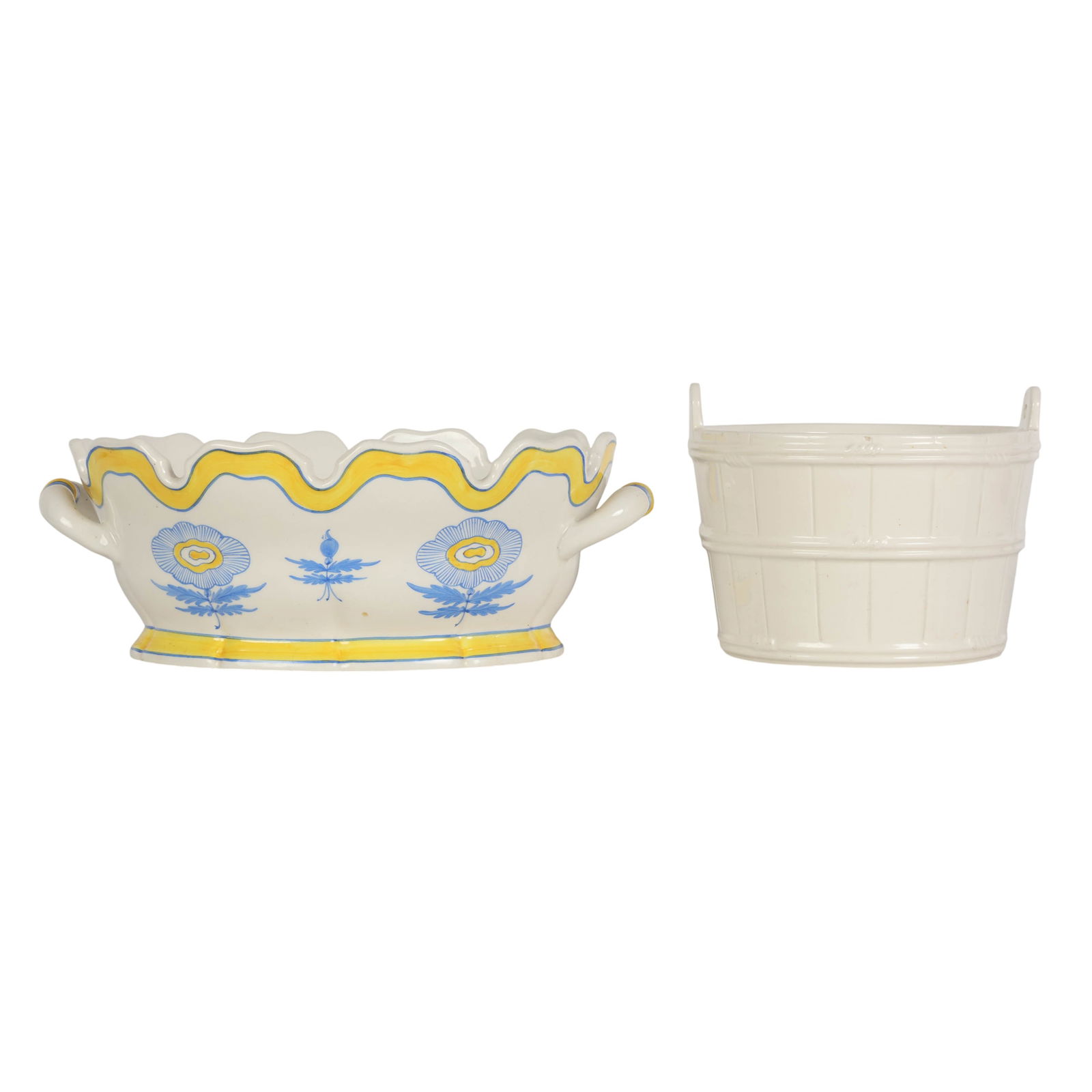 Tiffany & Co Pair Italian Porcelain Planter Vases: Pair of Italian glazed ceramic containers, comprising a white cylindrical handled form with molded banding and pierced lug handles and an oval scalloped jardiniere style bowl decorated in blue, white