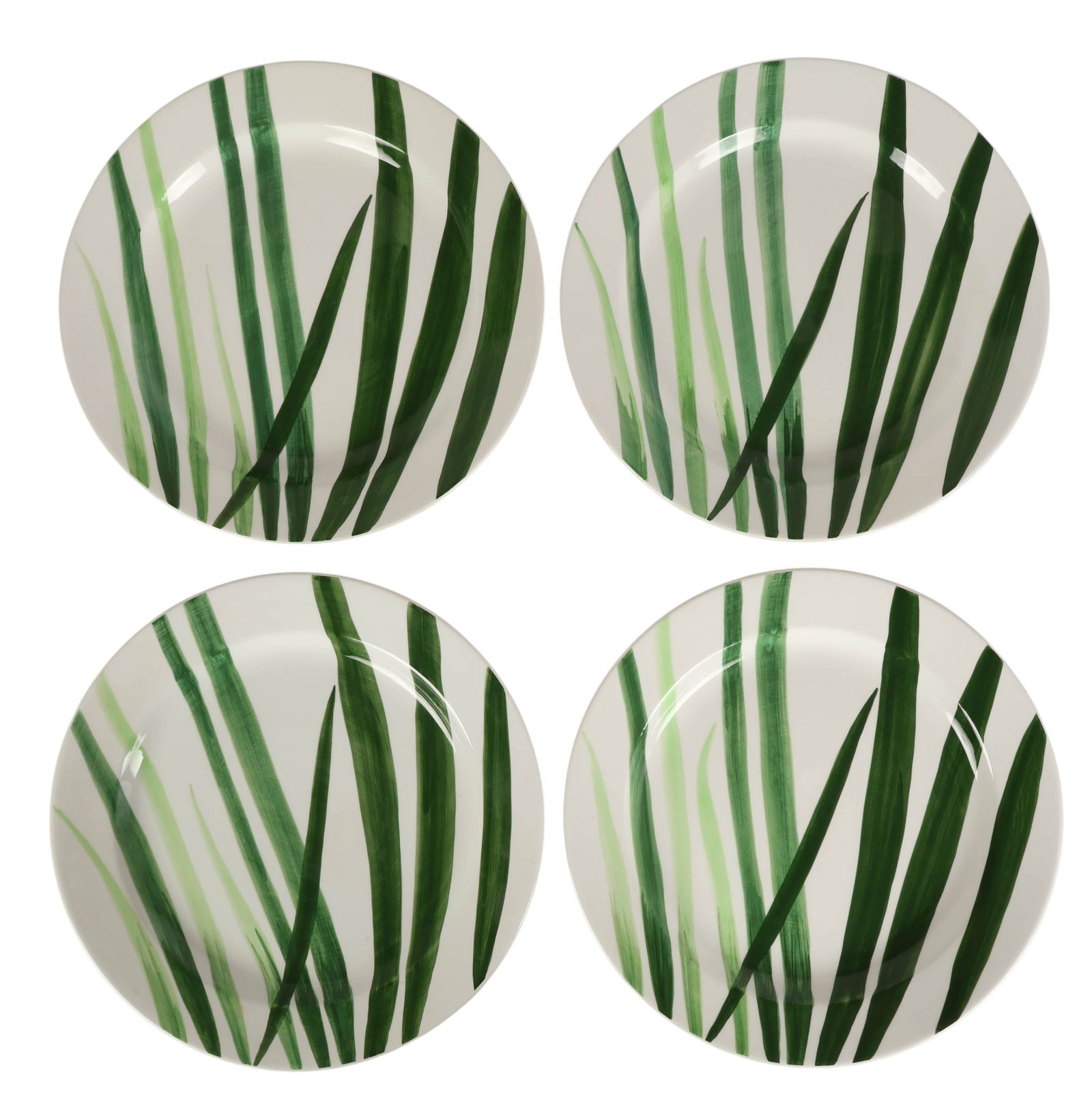 Tiffany Co Este Italian Pottery Charger Plates 4pc: Este Ceramiche for Tiffany & Company, a set of four porcelain charger plates decorated with hand-applied green brush stroke motifs on a white ground. The design features varying tonal shades of green