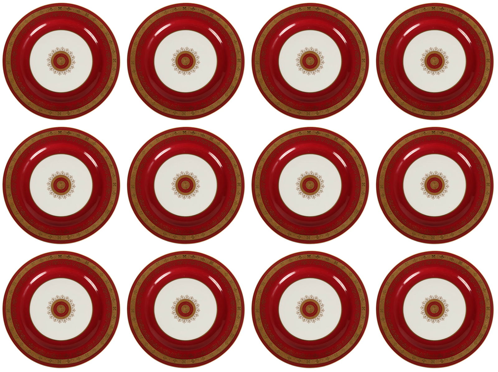 Minton China Red Gold Gilt Dinner Plates 12pc SET: Minton England, a set of twelve finely decorated porcelain dinner plates retailed by A French & Co of Boston. Each plate features a deep oxblood red border richly embellished with gilt foliate and