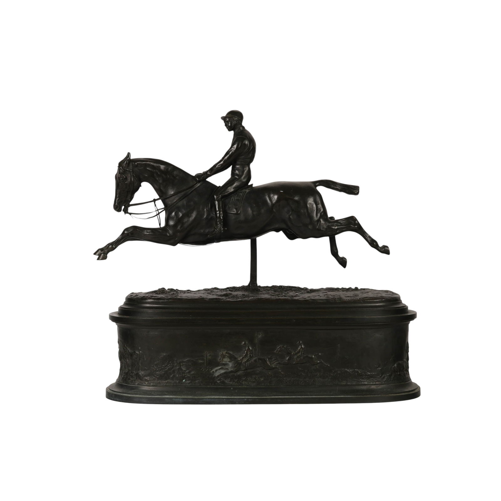 Bronze Race Horse after Pierre Lenordez 1815-1892: After Pierre Lenordez (French, 1815-1892), At Full Speed, bronze equestrian sculpture cast with a horse and rider in mid-leap, mounted on an oval plinth with relief scenes of horse-drawn sulkies and