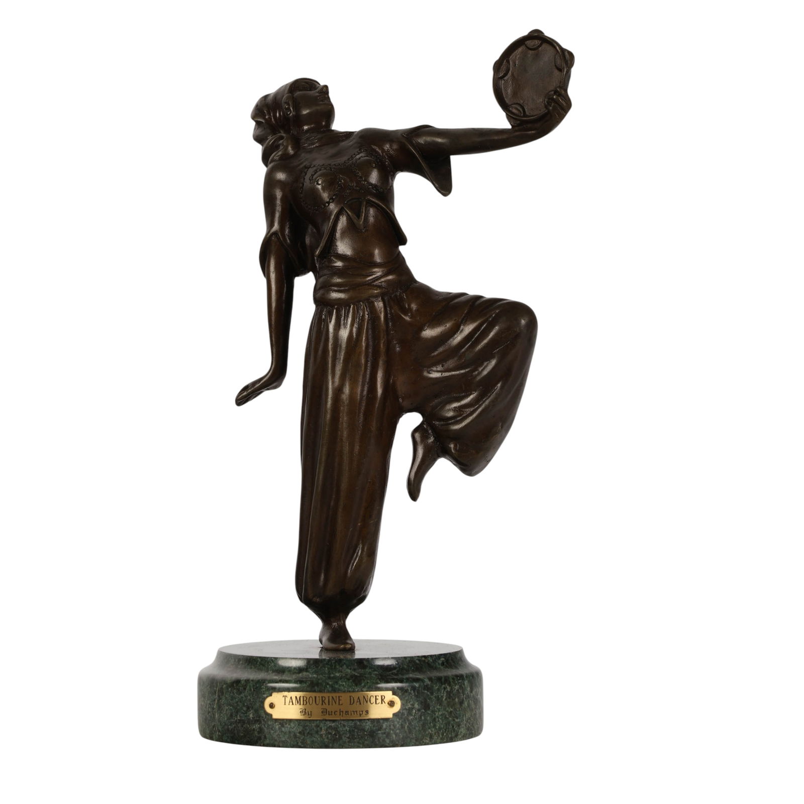 Tambourine Dancer Female Bronze after Duchamps: After Marcel Duchamp, a bronze sculpture titled Tambourine Dancer, depicting a dynamic female figure captured mid-motion while holding a tambourine aloft. The figure is cast in dark patinated bronze