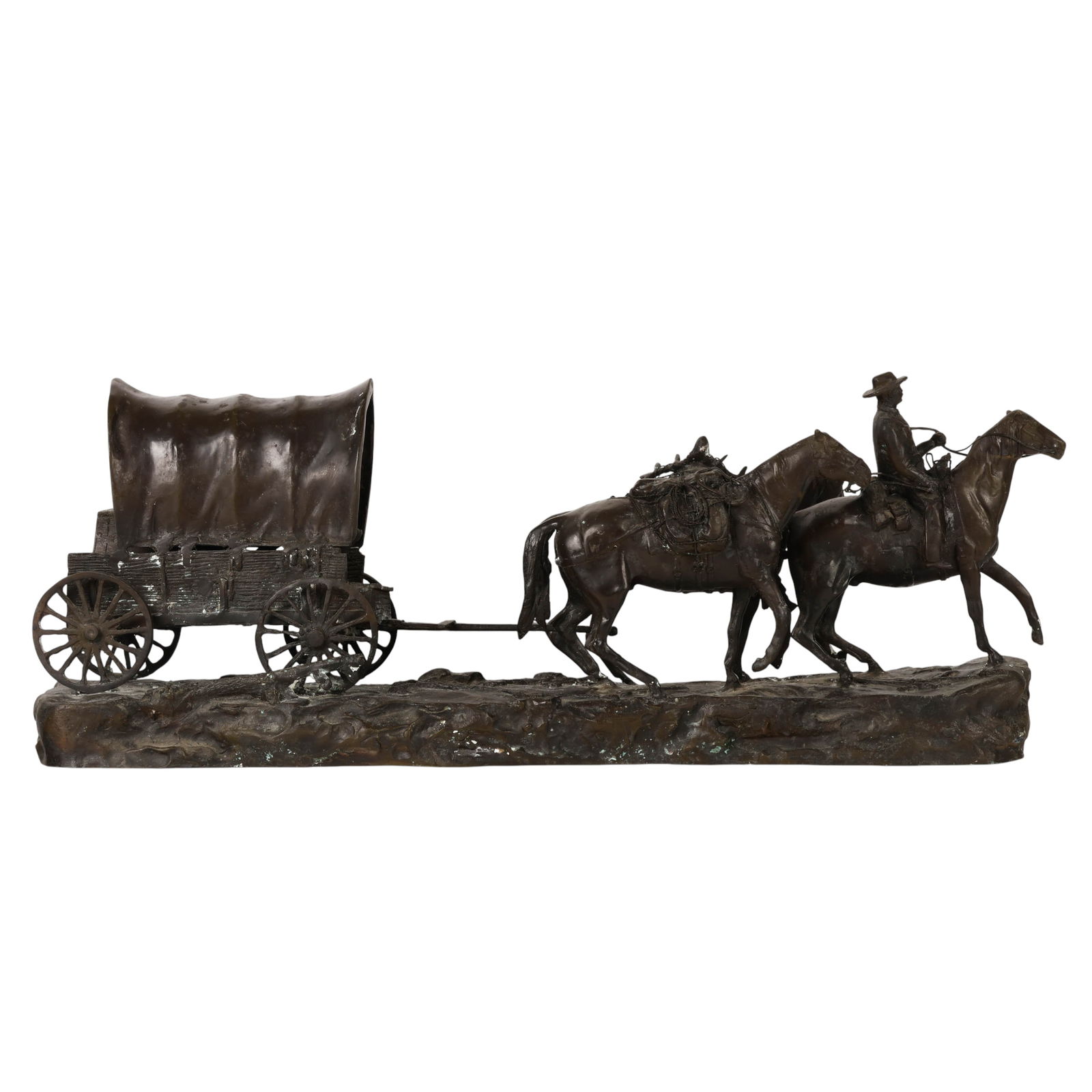 R Clark 20C Western Horse & Wagon Bronze Sculpture: R. Clark (American, 20th century), bronze sculpture depicting a Western wagon trail scene with a rider on horseback leading a packhorse and a covered wagon. The multi-figure composition is set on an