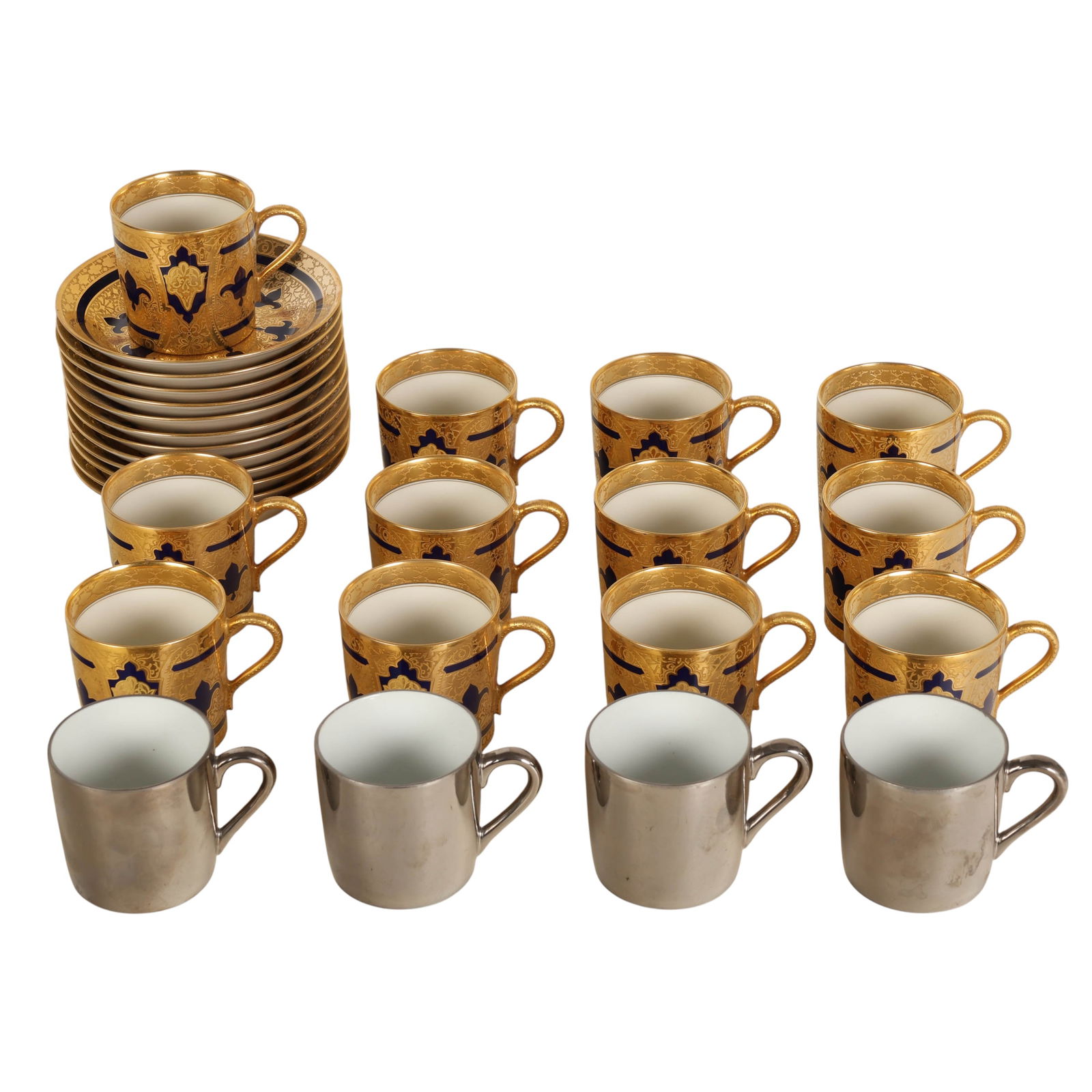 Haviland Limoges Georg Jensen Porcelain Tableware: Twelve Haviland & Co Limoges France porcelain demitasse cups accompanied by twelve matching saucers, finished in gilt and cobalt blue with ornate scrolling decoration and shield designs, together with