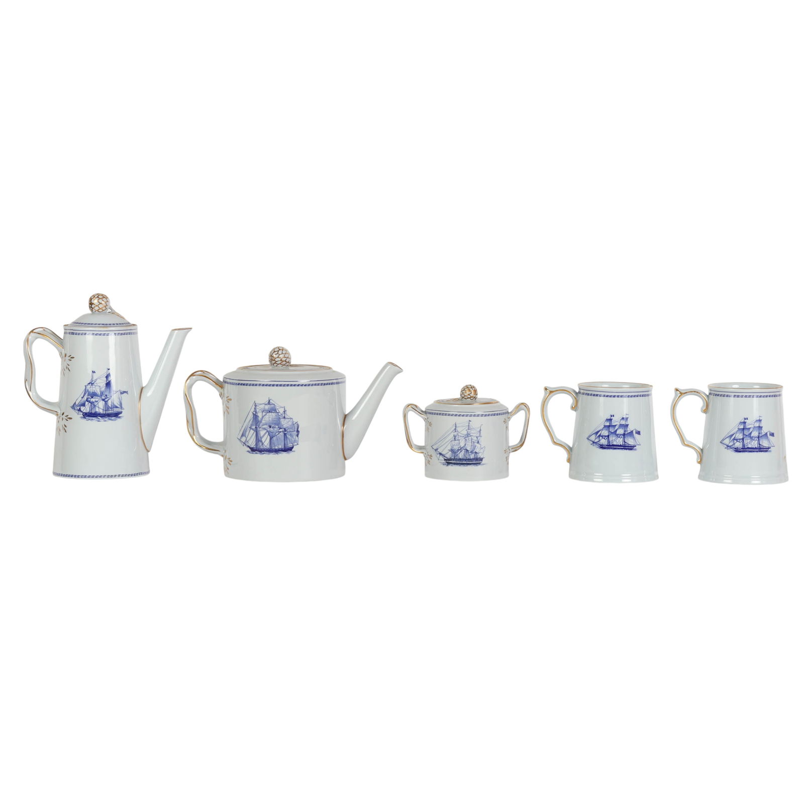 Spode Porcelain Trade Winds Tea Set with Mugs 5pc: Spode England White Diamond Line Anglo American Trade Winds pattern porcelain teapot, coffeepot, covered sugar and two tankard mugs. Production years : 1962-1993. Decorated in cobalt blue with histori