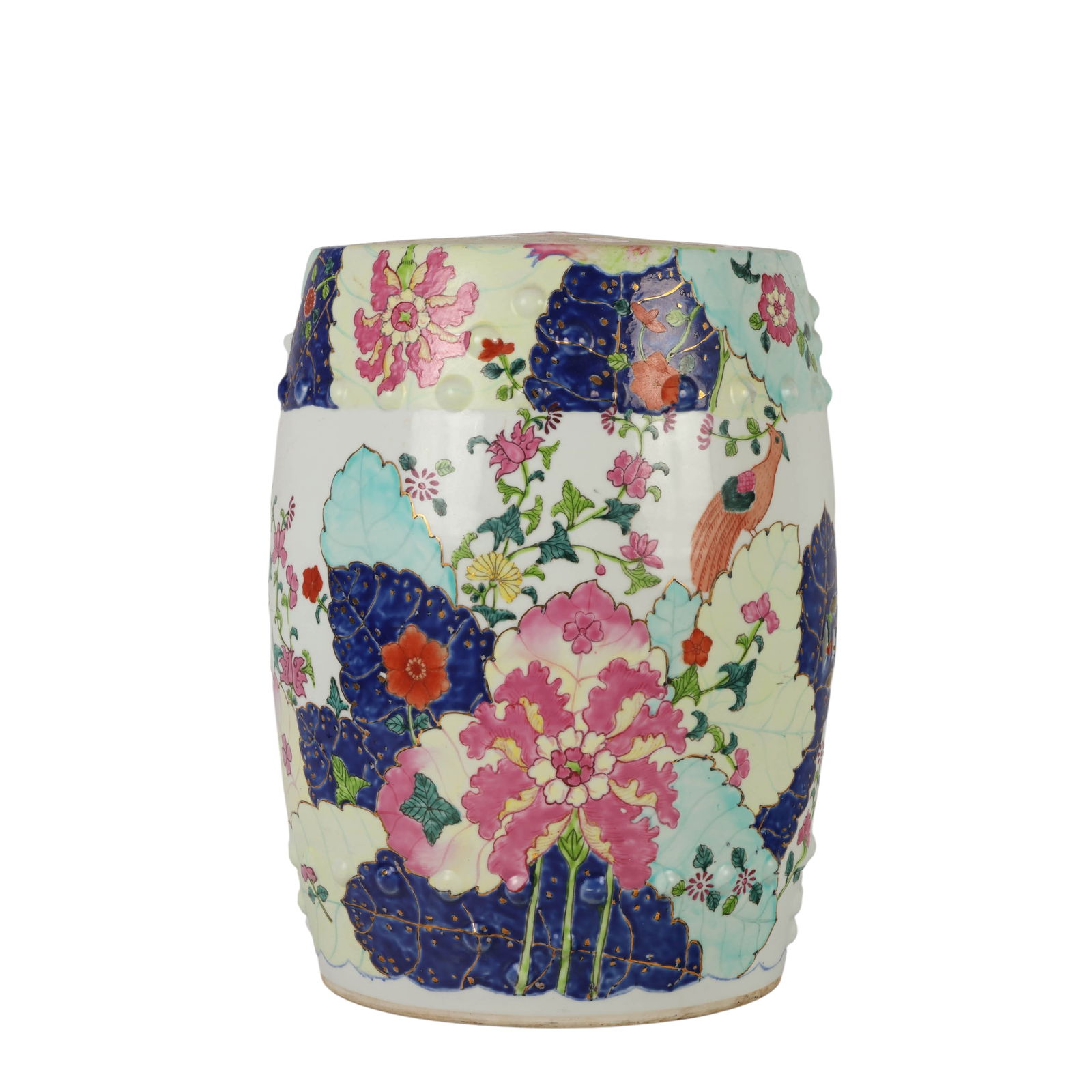 Mottahedeh Tobacco Leaf Porcelain Garden Stool: Mottahedeh Tobacco Leaf pattern reproduction of an 18th century Chinese export design based on an original housed in the Metropolitan Museum of Art. The barrel form decorated with polychrome enamel fl