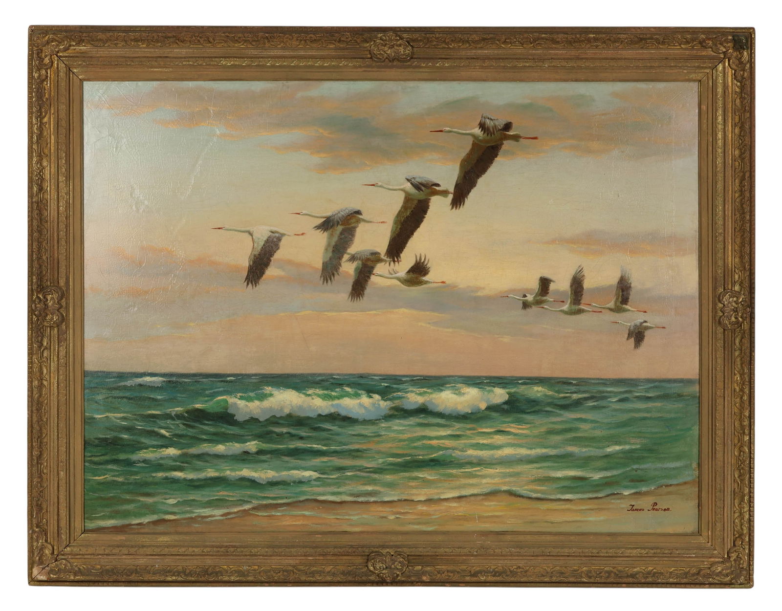 James Pearson 20th C Flying Cranes Oil Painting: James Pearson (American, 20th Century), oil painting on board. The coastal seascape depicts a flock of cranes in flight above ocean waves under an illuminated sky. Signed James lower right. Verso reta