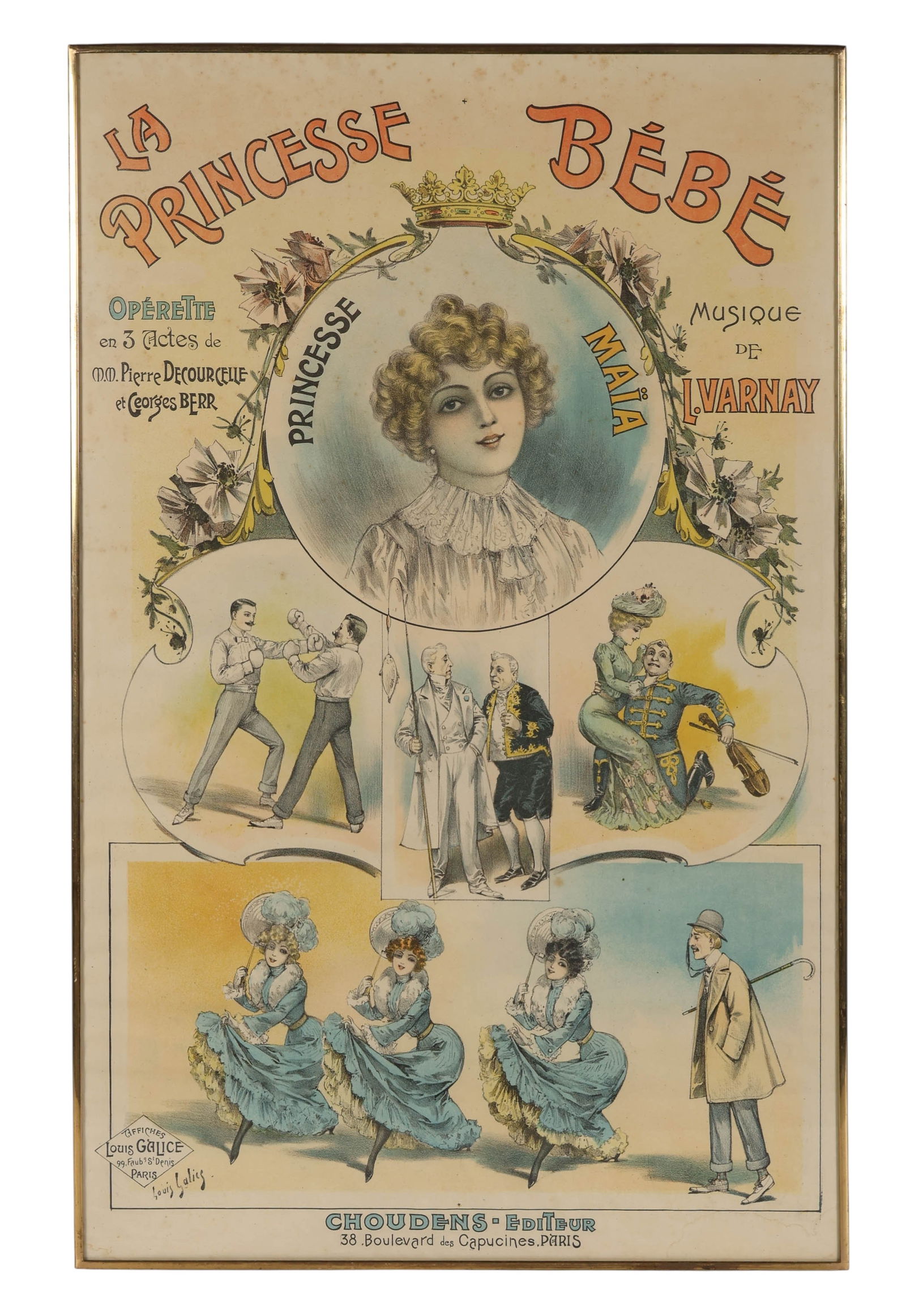 Louis Galice 1864-1935 Antique French Opera Poster: Louis Galice (French, 1864-1935), La Princesse Bebe, 1894, antique colored poster on paper featuring an advertisement for the opera La Princesse Bebe, with an image of Princesse Maia at the center, su