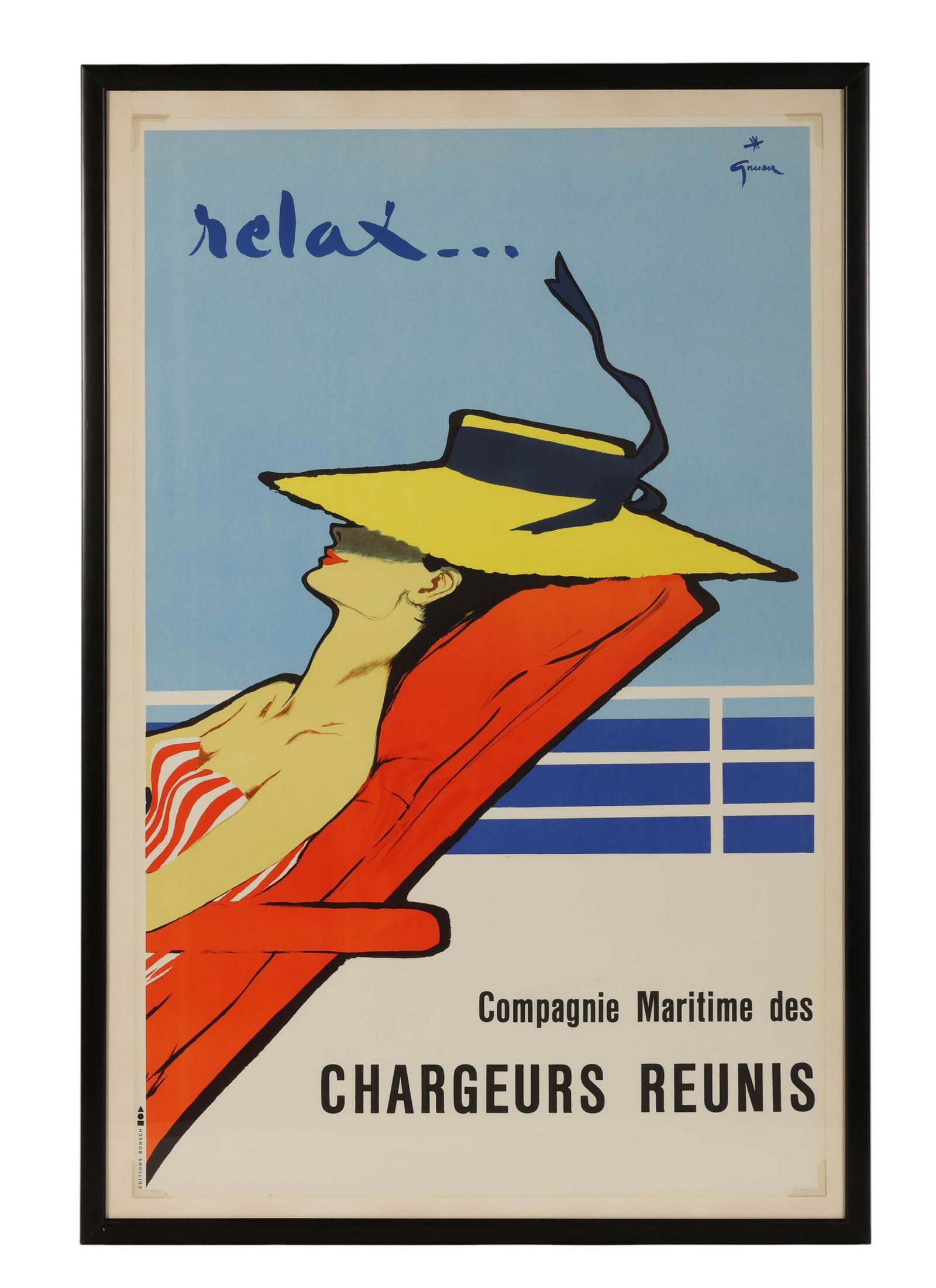 Vintage 1961 Chargeurs Reunis French Travel Poster: Vintage French travel poster titled Relax, designed by Rene Gruau (Italian, 1909-2004) in 1961 for Compagnie Maritime des Chargeurs Reunis. The composition depicts a woman reclining on a deck chair ab