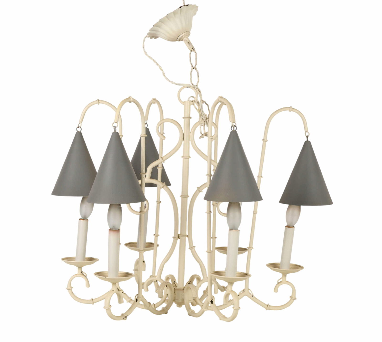 Faux Bamboo Six Light Hollywood Regency Chandelier: Faux bamboo six-light Hollywood Regency chandelier featuring a white tole body with grey tole attached covers at each light. Attributed to Italian design with no apparent signature.Dimensions: 20 X 19