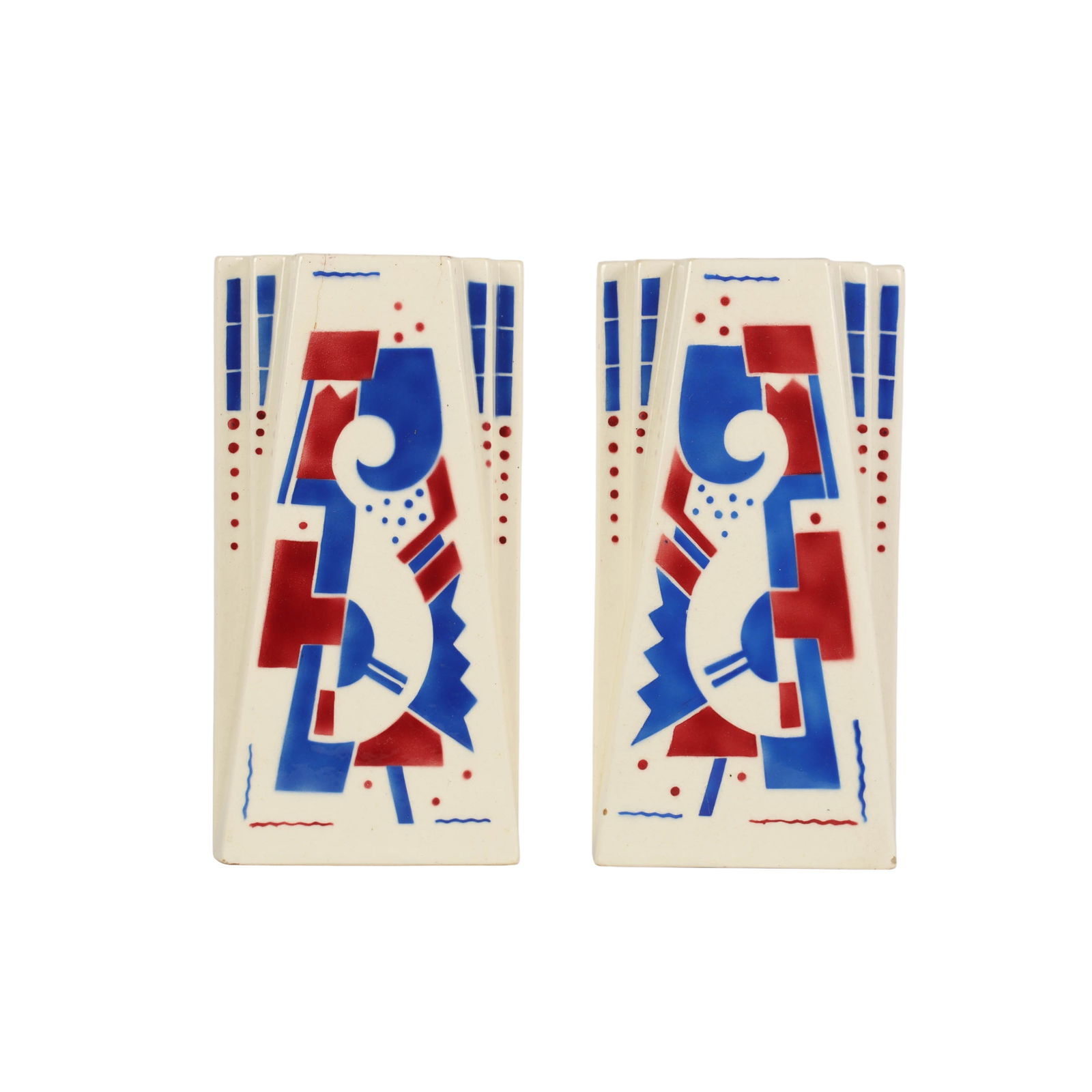 Pair of Keller & Guerin Art Deco Porcelain Vases: Pair of Keller & Guerin Luneville France ceramic vases featuring geometric Art Deco designs, with a rectangular fluted form, raised stepped corners, and stylized polychrome decoration in cobalt blue a