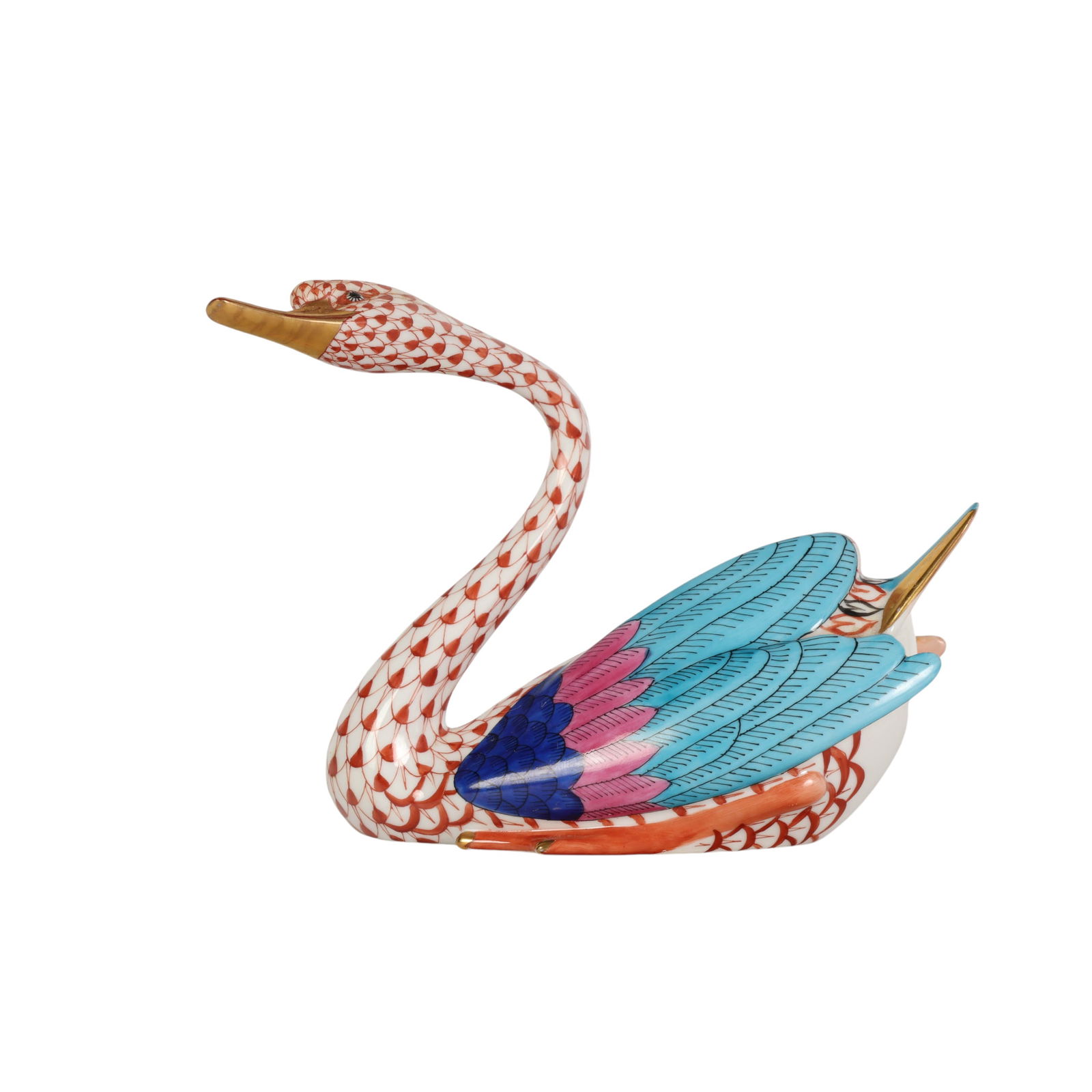 Herend Porcelain Rust Fishnet Swan Bird Figurine: Herend Hungary, hand painted porcelain swan figure modeled in a graceful seated pose, decorated in the traditional fishnet pattern with iron red scale work along the neck and body. The outstretched wi