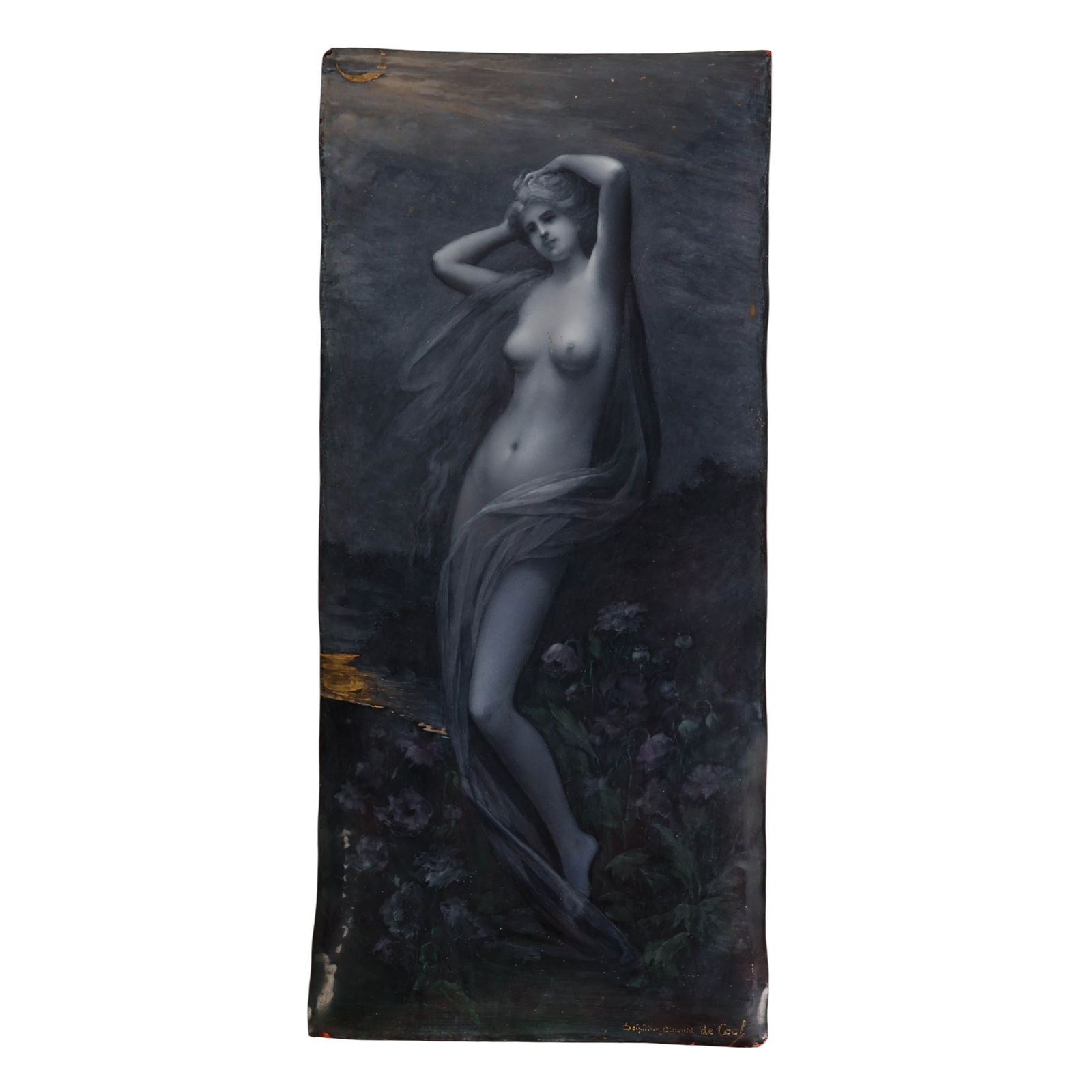 Limoges Art Nouveau Enamel Nude Plaque SIGNED: French Limoges antique Art Nouveau enamel on copper plaque depicting a female nude figure posed within a serene landscape. Executed in richly layered enamel tones of purple, blue, and green, the scene